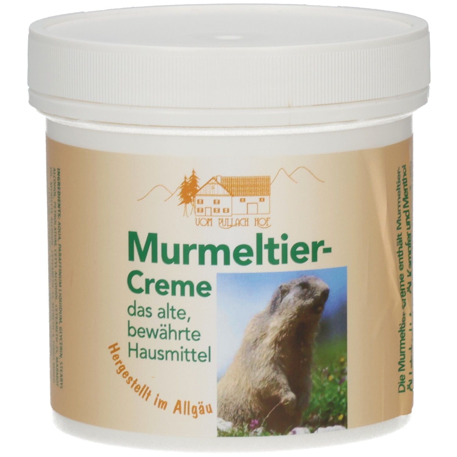 Behälter mit weißem Deckel und braunem Etikett. Aufschrift: Murmeltier-Creme, Logo, Murmeltier-Abbildung.
