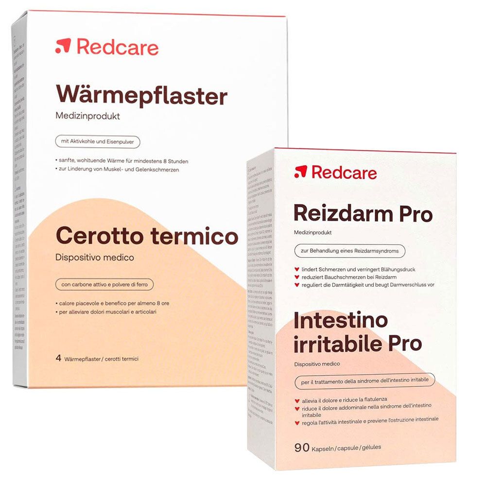 Zwei Produktverpackungen. Links: Wärmepflaster. Rechts: Reizdarm Pro. Beide mit rotem Redcare-Logo. Text in Deutsch und Italienisch.