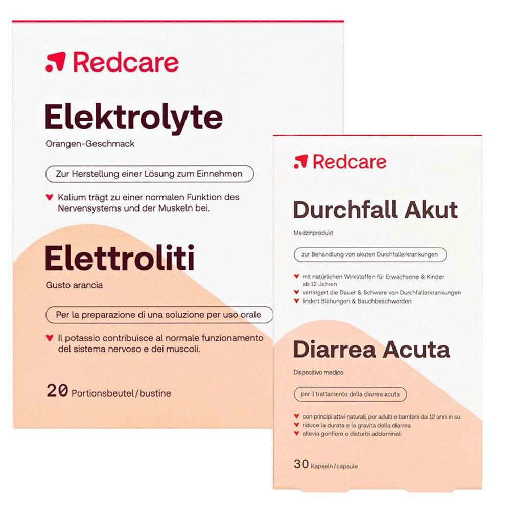 Zwei Kartons. Links: Redcare Elektrolyte, 20 Beutel. Rechts: Redcare Durchfall Akut, 30 Kapseln. Text in Deutsch und Italienisch.