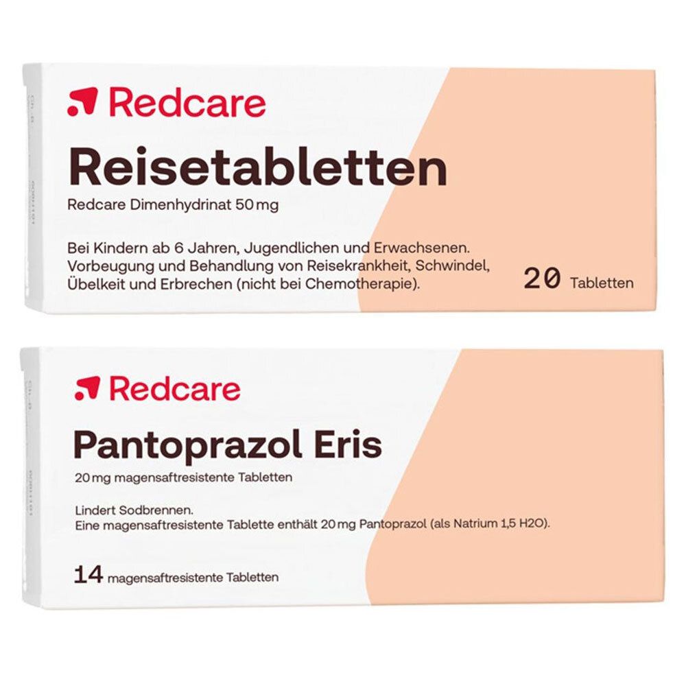 Zwei Medikamentenpackungen. Oben: Redcare Reisetabletten, 20 Tabletten. Unten: Redcare Pantoprazol Eris, 14 Tabletten. Beide Packungen weiß mit roter Schrift.