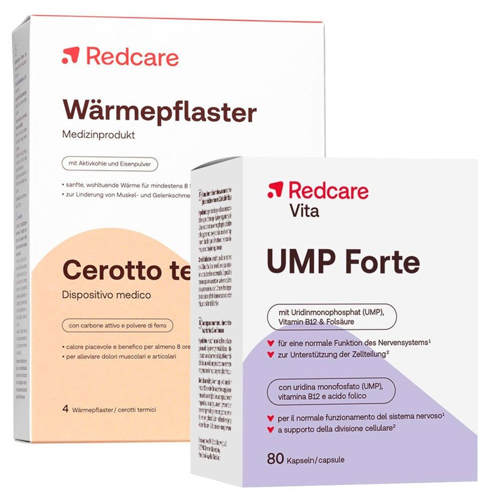 Drei Produktverpackungen. Redcare Wärmepflaster, Cerotto te, und Redcare Vita UMP Forte. Text auf Verpackungen.