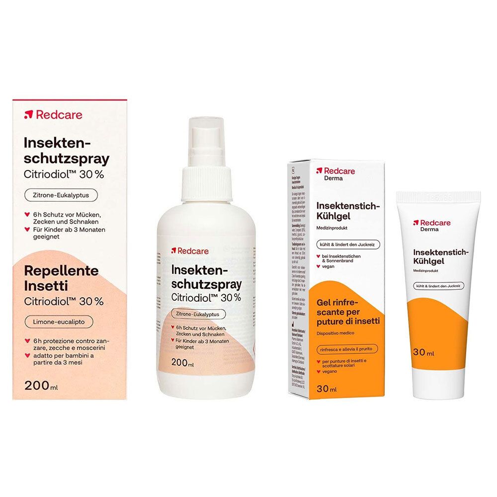 Drei Produkte: Insektenschutzspray und Kühlgel. Sprayflasche und zwei Verpackungen mit Produktnamen und Logos. Orangefarbene Akzente.