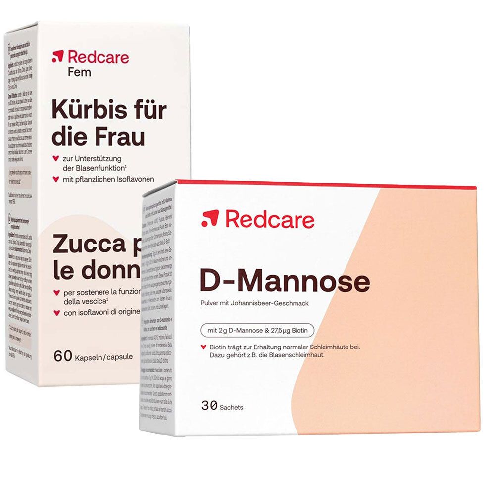 Zwei Produktverpackungen. Eine mit "Kürbis für die Frau", die andere mit "D-Mannose". Beide mit dem Logo "Redcare".