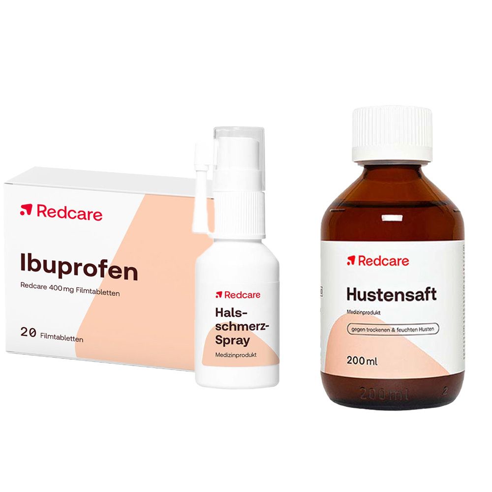 Drei Medikamente: Hustensaft-Flasche, Hustensaft-Schachtel und Ibuprofen-Schachtel. Alle mit dem Logo Redcare. Ibuprofen 400 mg Filmtabletten.