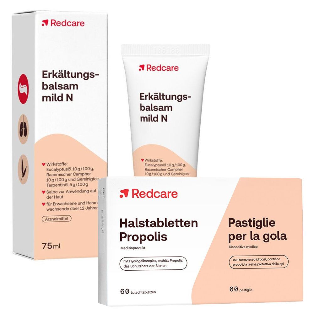 Drei Produkte: Erkältungsbalsam mild N in Tube und Schachtel, Halstabletten Propolis in Schachtel. Marke: Redcare.