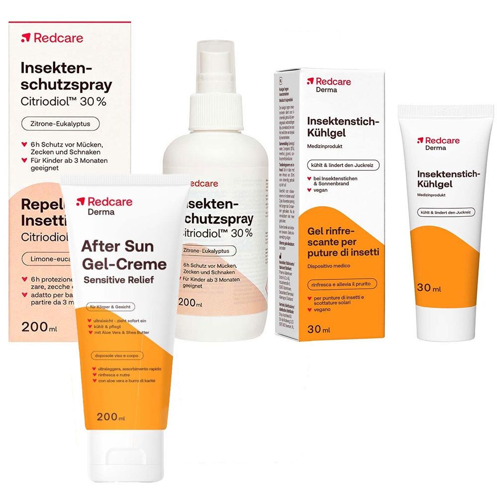 Mehrere Produkte: After Sun Gel-Creme, Insektenschutzspray und Insektenstich-Kühlgel. Verpackungen in Weiß, Orange und Rot. Text: Redcare Derma.