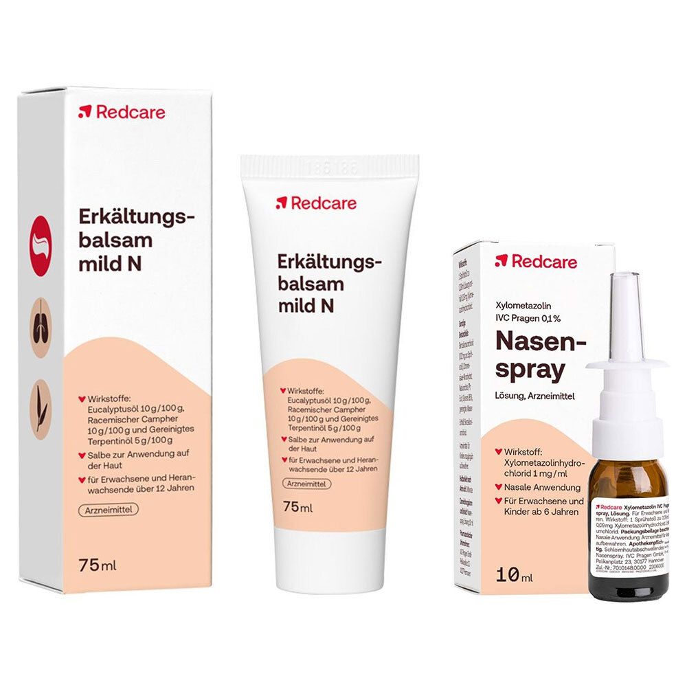 Drei Produkte: Erkältungsbalsam mild N in Tube und Schachtel, Nasenspray in Flasche und Schachtel. Alle mit rotem Redcare Logo.