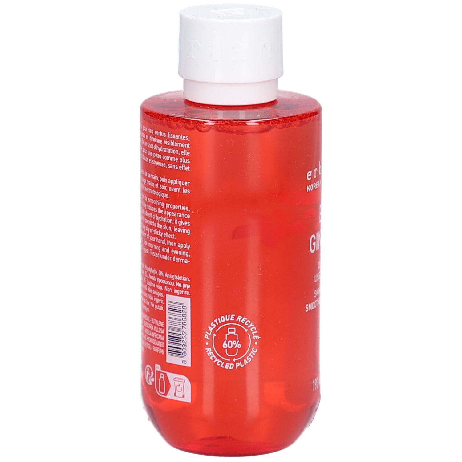 Rote Flasche mit weißem Deckel. Rückseite mit Text und Recycling-Logo. Aufschrift: 60% recyceltes Plastik.