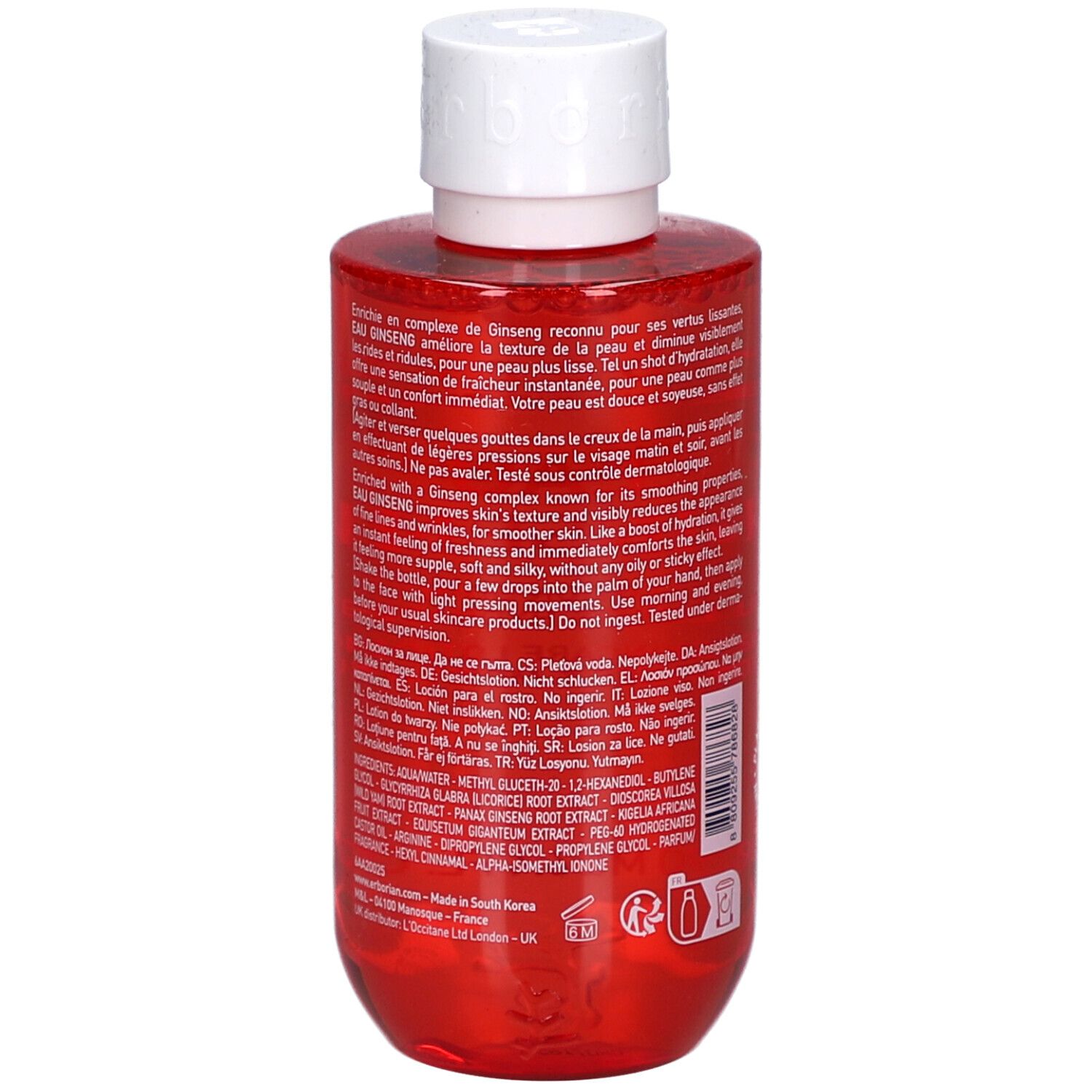 Rote Flasche mit weißem Deckel. Rückseite mit Text. Aufschrift: Eau Ginseng, Inhaltsstoffe, Gebrauchsanweisung.