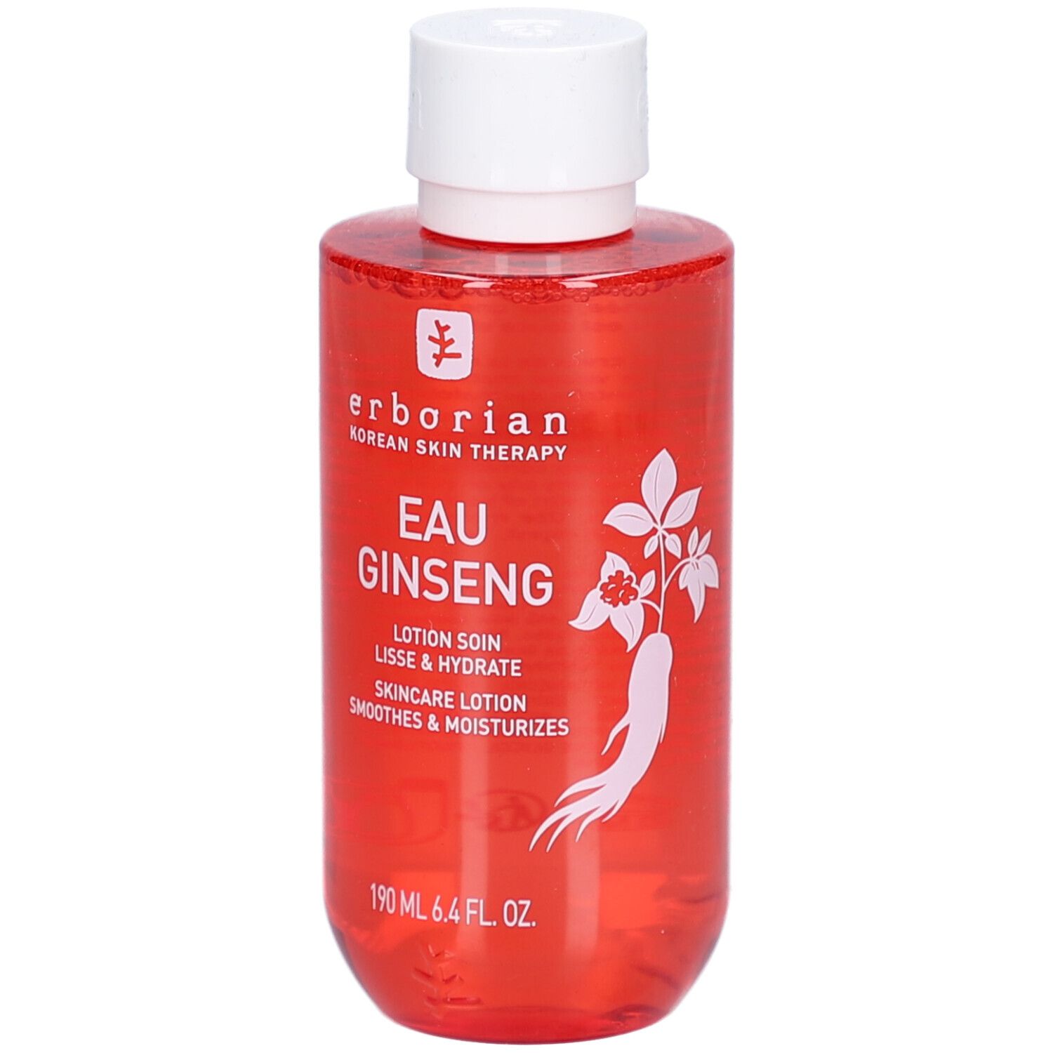 Rote Flasche mit weißem Deckel. Aufschrift: Eau Ginseng, Lotion Soin, Lisse & Hydrate, Skincare Lotion, Smoothes & Moisturizes. Marke: Erborian.