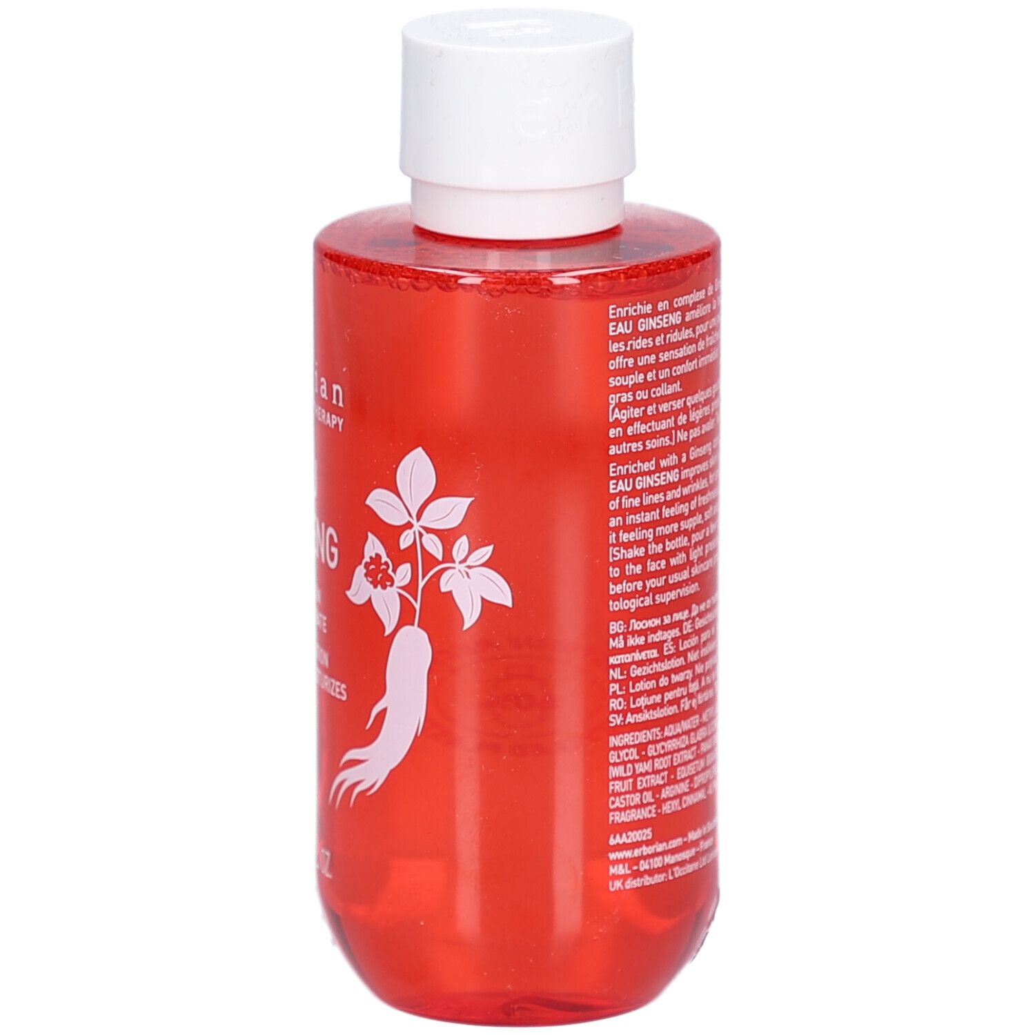 Rote Flasche mit weißem Deckel. Rückseite mit Text. Aufschrift: Eau Ginseng, Inhaltsstoffe, Gebrauchsanweisung.