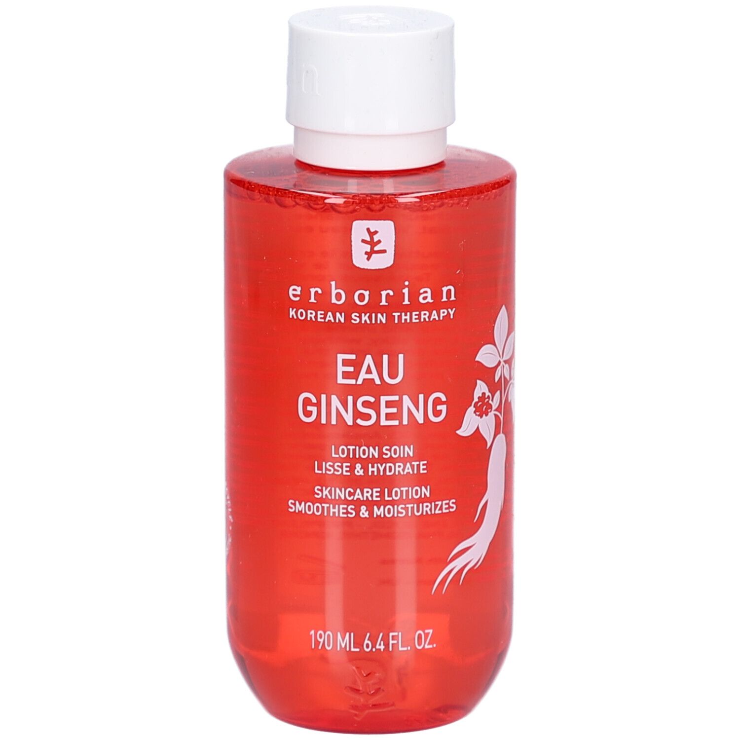 Rote Flasche mit weißem Deckel. Aufschrift: Eau Ginseng, Lotion Soin, Lisse & Hydrate, Skincare Lotion, Smoothes & Moisturizes. Marke: Erborian.