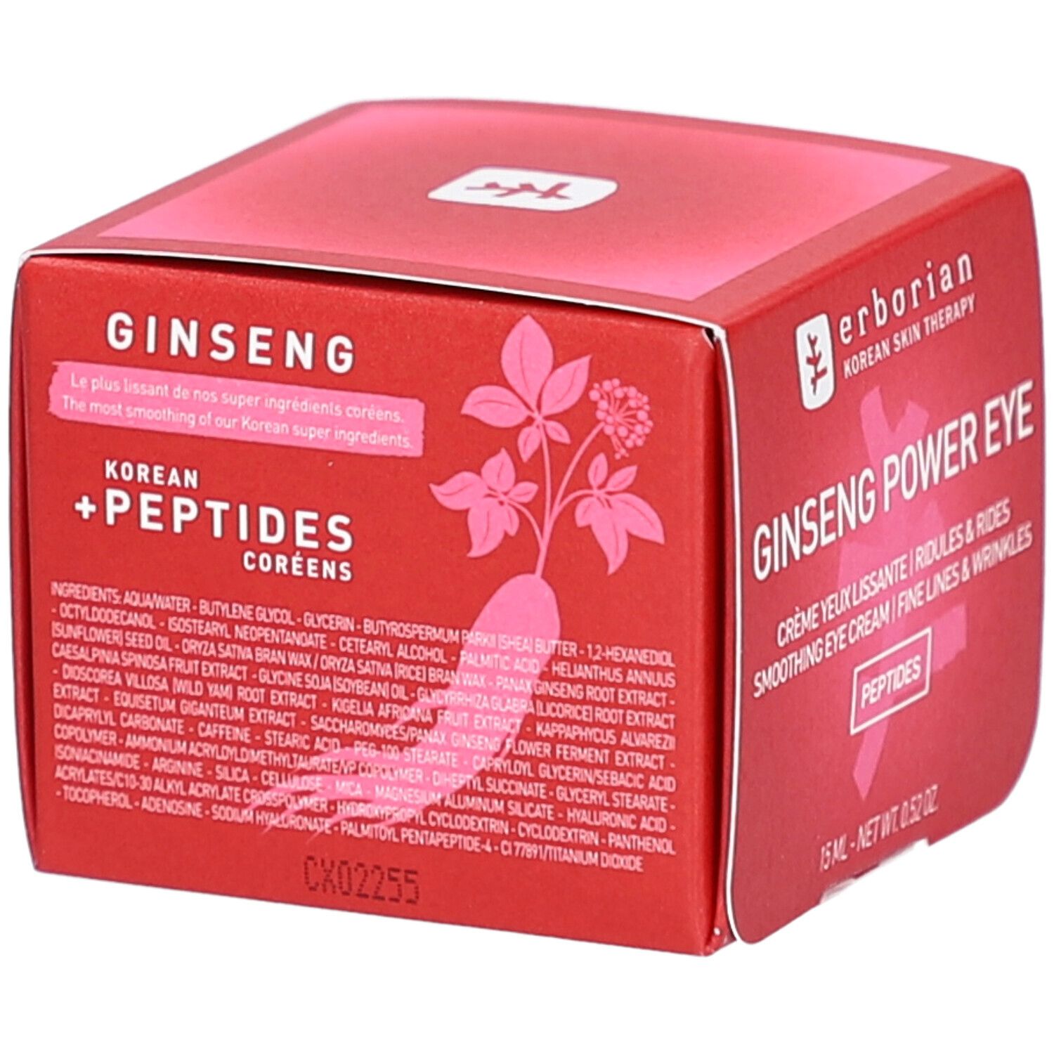 Rote Produktverpackung mit Text: Ginseng + Peptides. Inhaltsstoffe aufgelistet. Korean Skin Therapy.