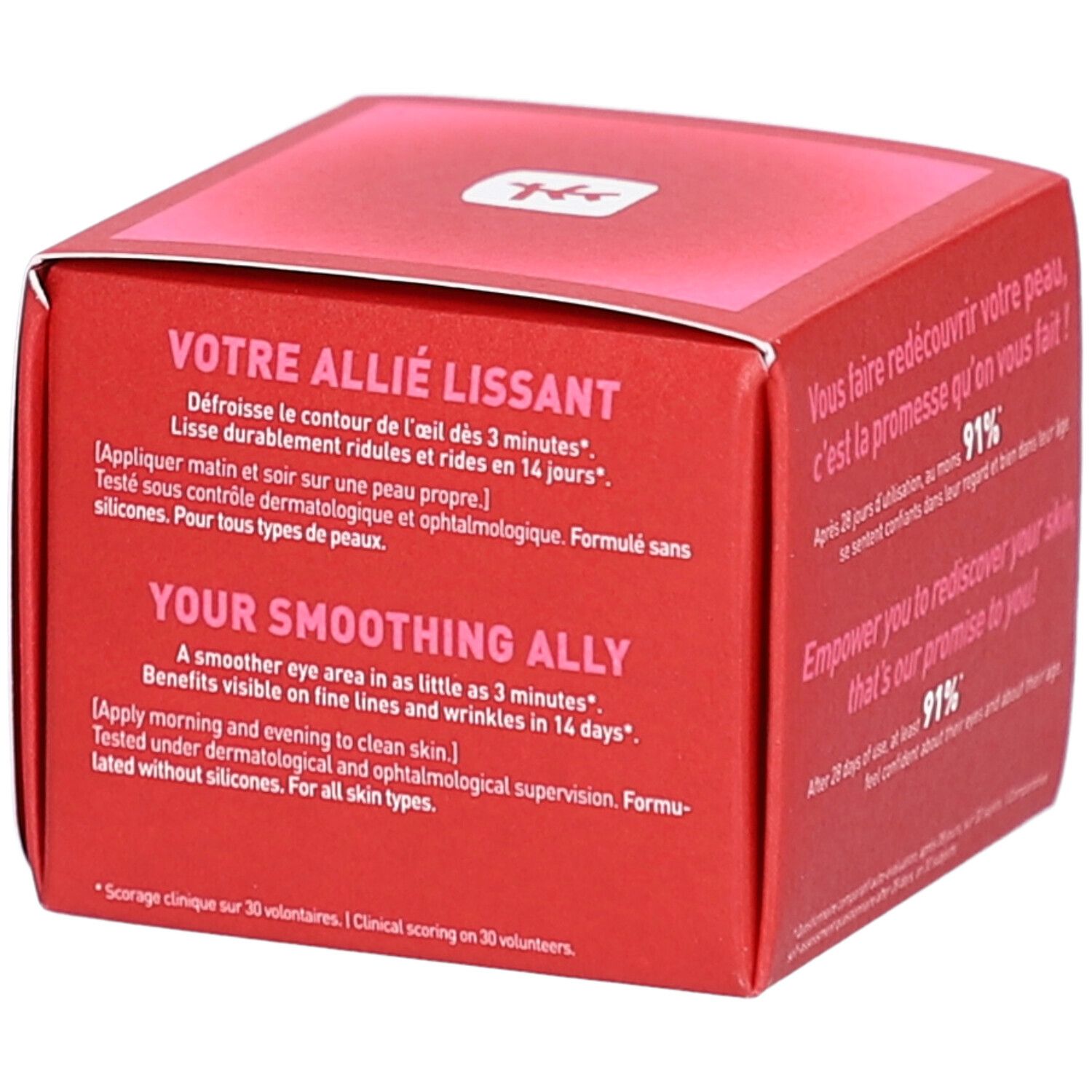 Rote Produktverpackung mit Text: Glättende Wirkung in 3 Minuten. Für alle Hauttypen.