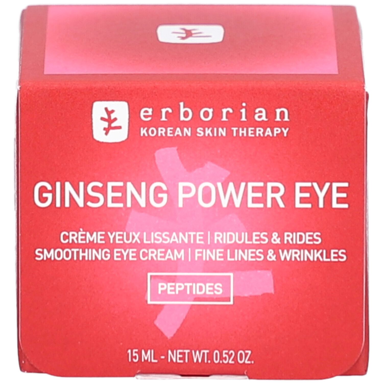 Rote Produktverpackung mit Text: Ginseng Power Eye, Smoothing Eye Cream. Enthält Peptide. 15 ml.