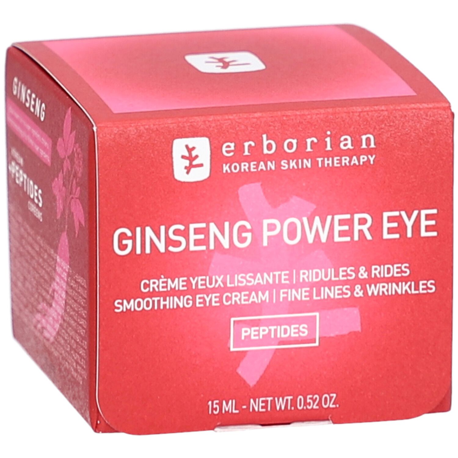 Rote Produktverpackung mit Text: Ginseng Power Eye, Smoothing Eye Cream. Enthält Peptide. 15 ml.