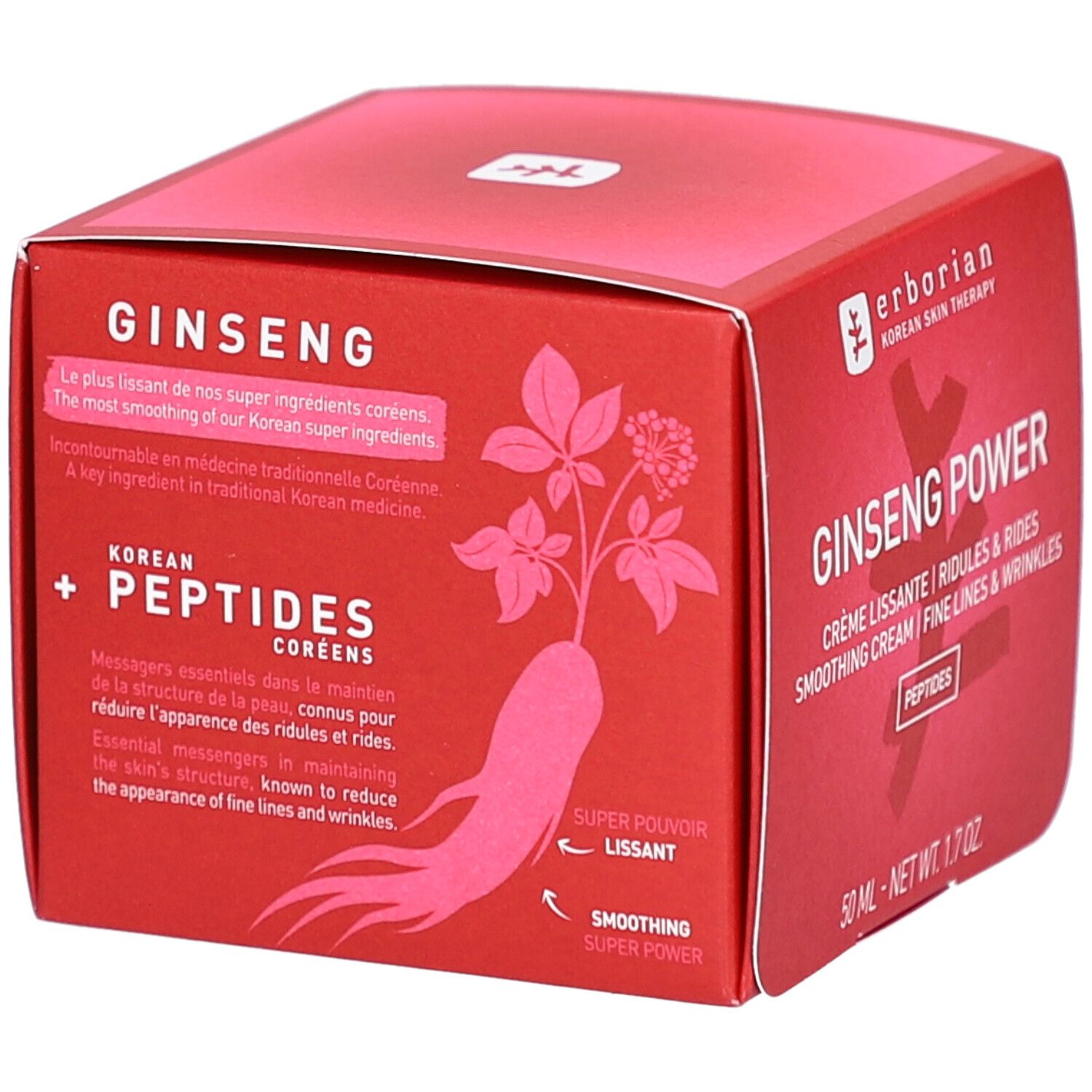 Rote Schachtel mit Produktnamen und Text. Enthält Ginseng Power, Peptiden, und Volumenangabe. Marke: erborian. Mit Illustration.