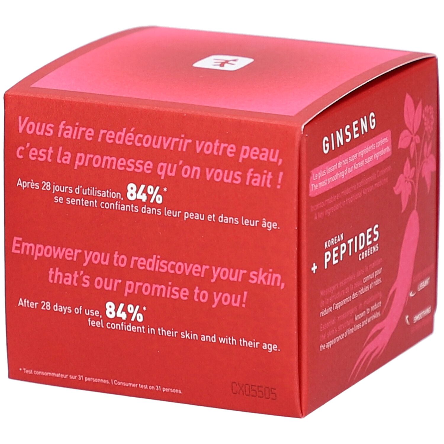 Rote Schachtel mit Text. Enthält Informationen über das Produkt und die Marke. Mit Prozentangabe.