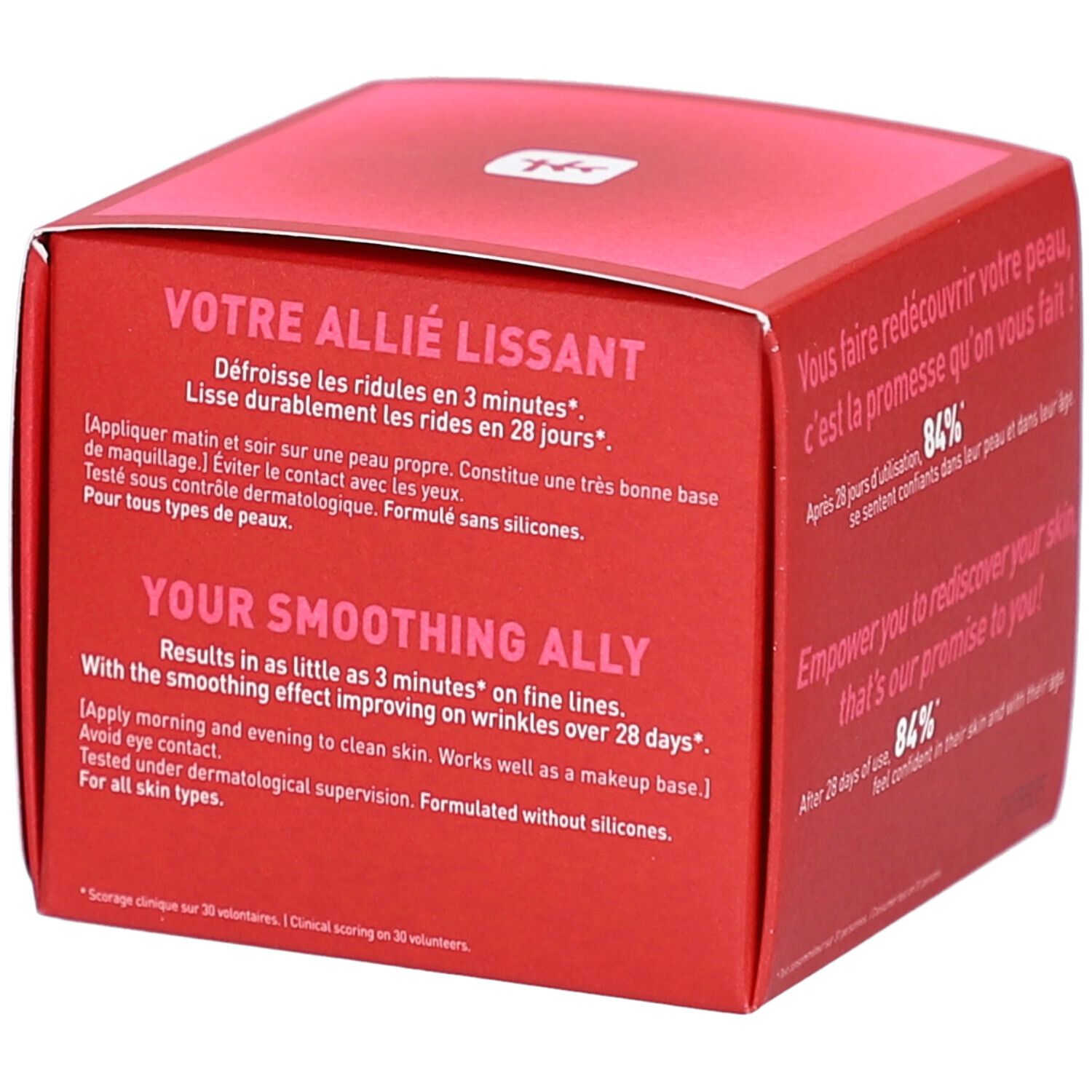 Rote Schachtel mit Text. Enthält Informationen über das Produkt und die Marke. Mit Text über Anwendung.