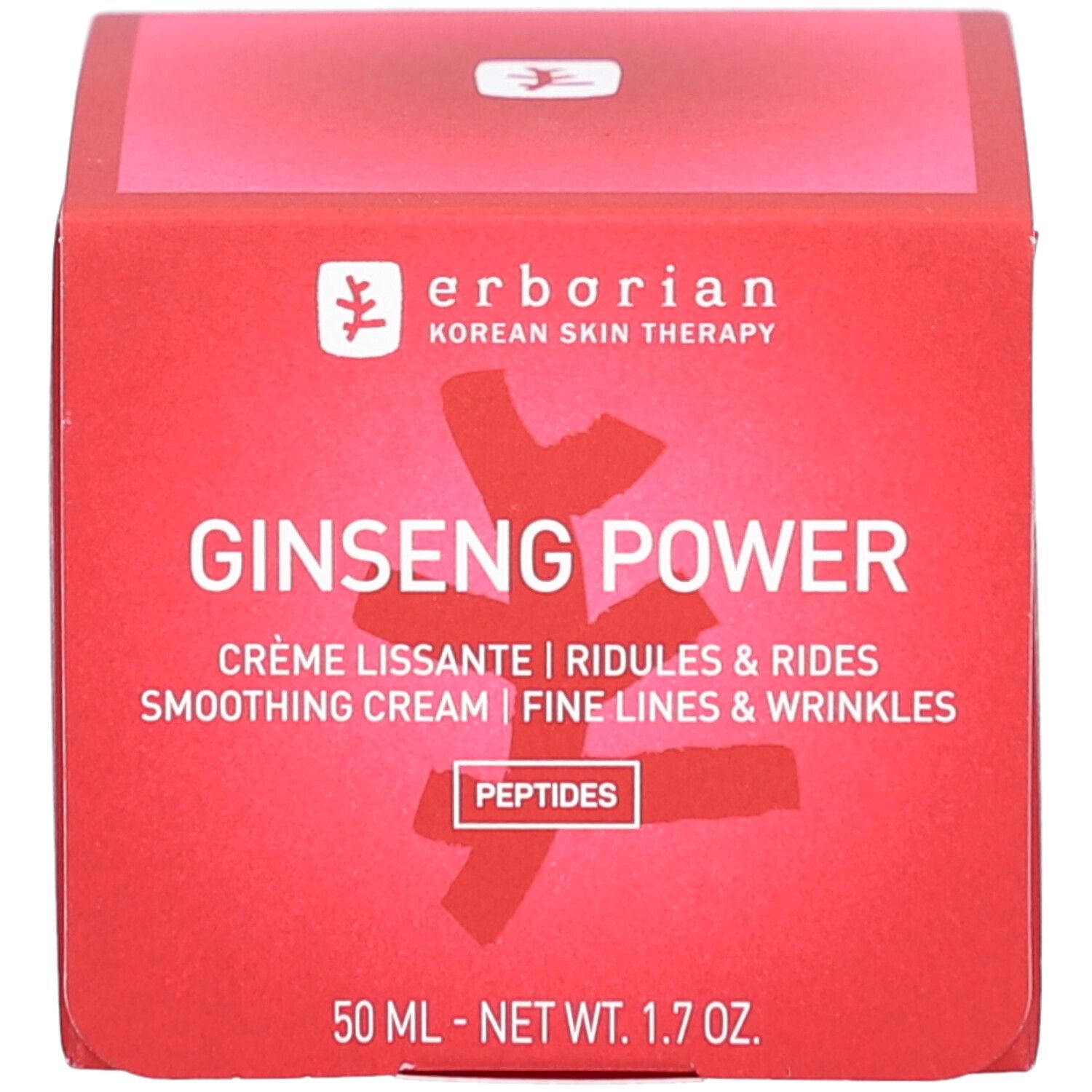 Rote Schachtel mit Produktnamen und Text. Enthält Ginseng Power, Peptiden, und Volumenangabe. Marke: erborian.