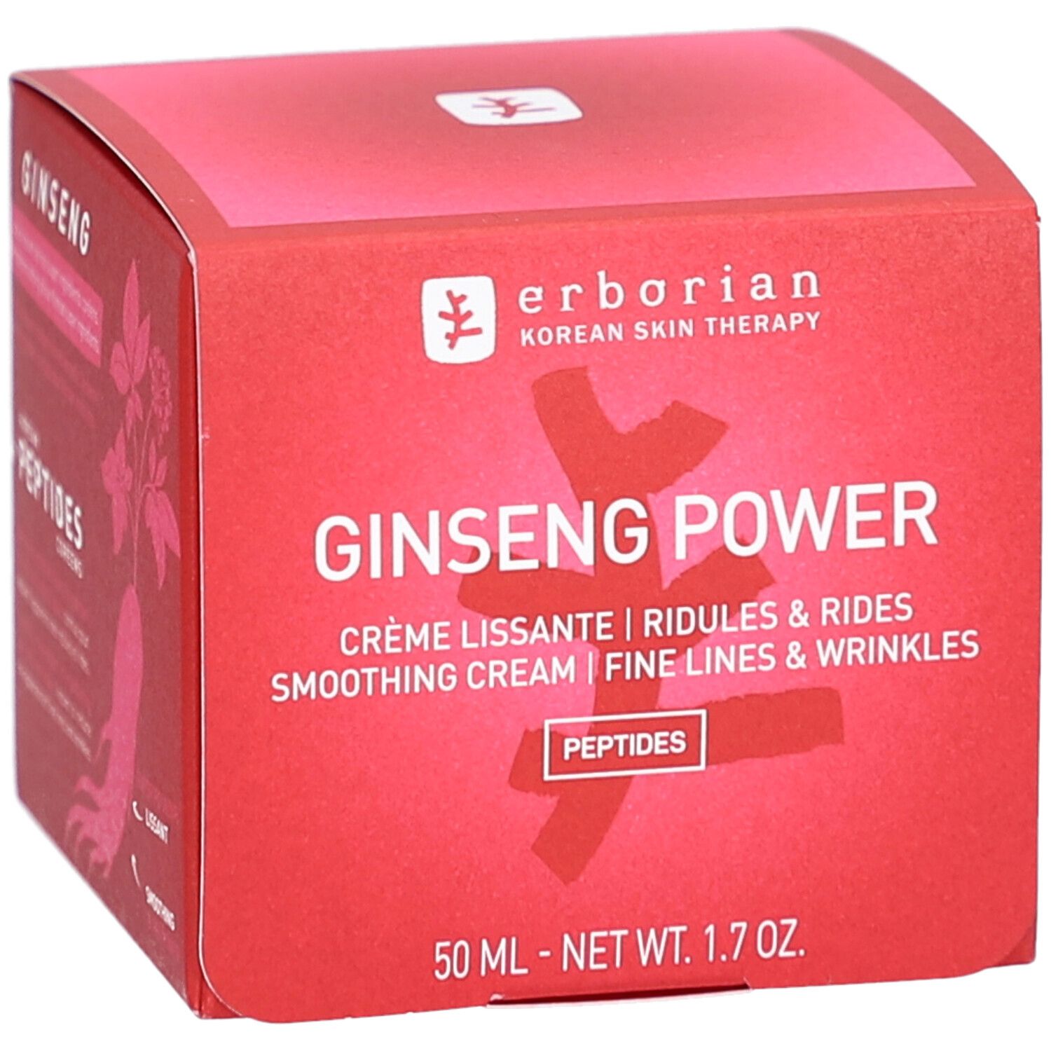 Rote Schachtel mit Produktnamen und Text. Enthält Ginseng Power, Peptiden, und Volumenangabe. Marke: erborian.