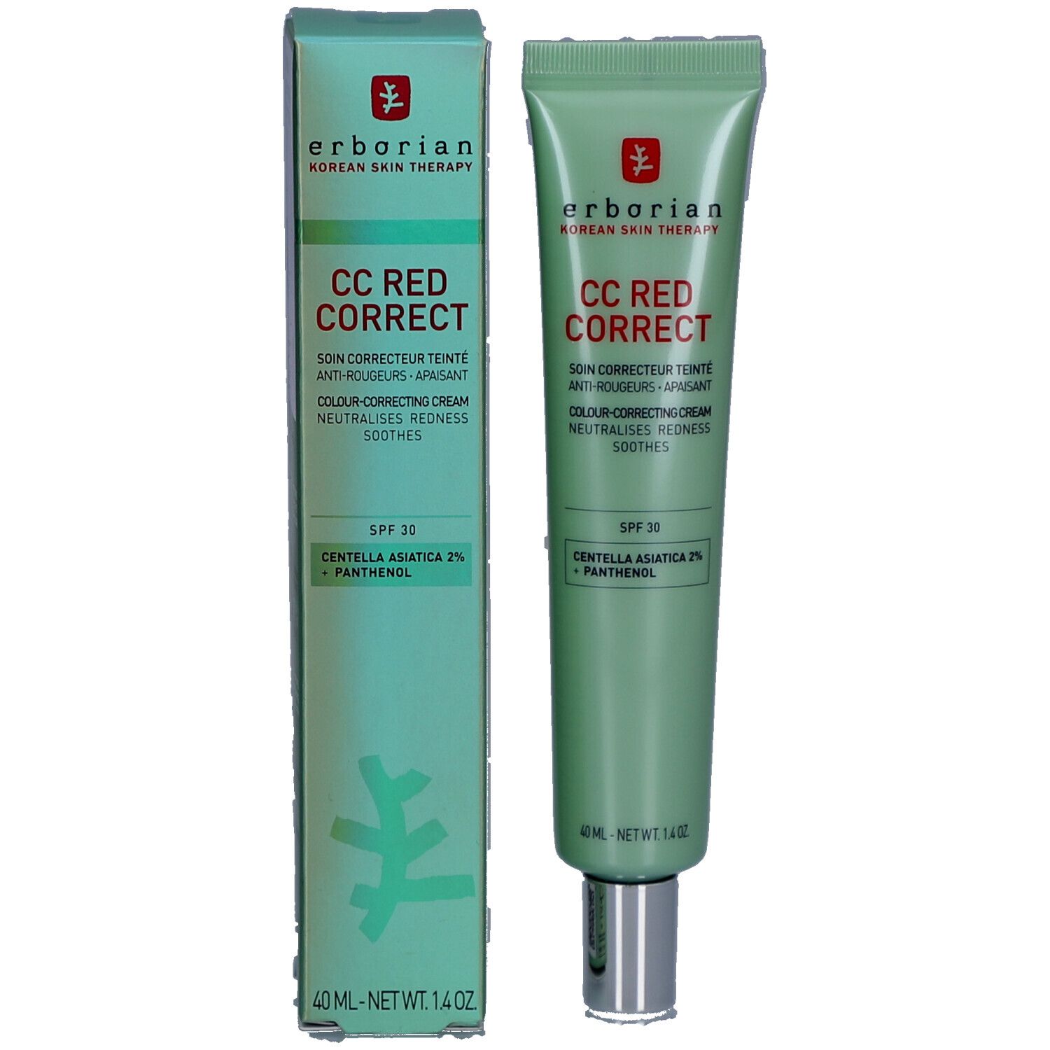 Produktverpackung: Tube und Schachtel. Aufschrift: CC RED CORRECT. Enthält SPF 30 und Centella Asiatica 2% + Panthenol.