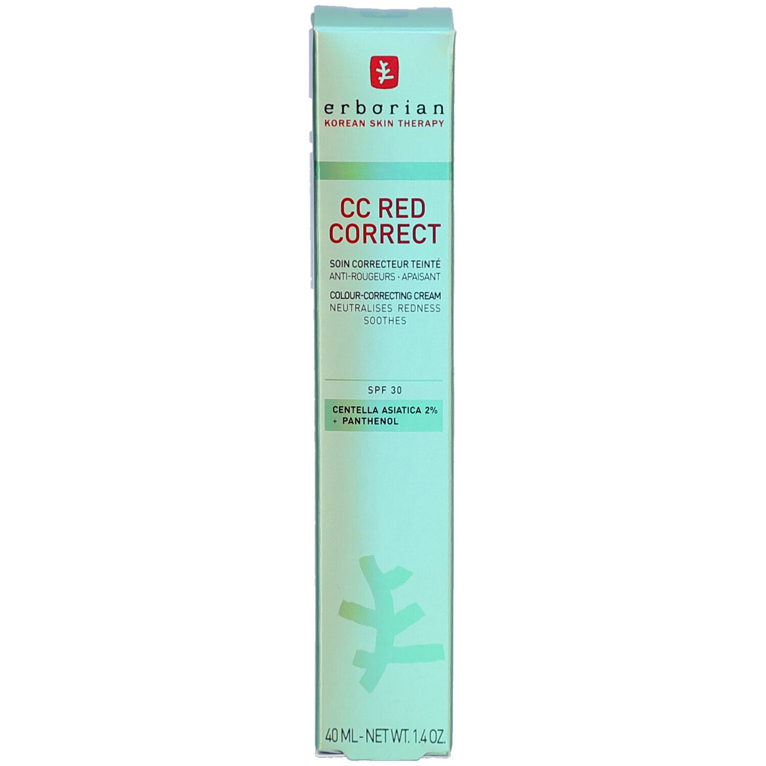 Schachtel mit Aufschrift CC RED CORRECT. Enthält SPF 30 und Centella Asiatica 2% + Panthenol. Grüne Farbe.