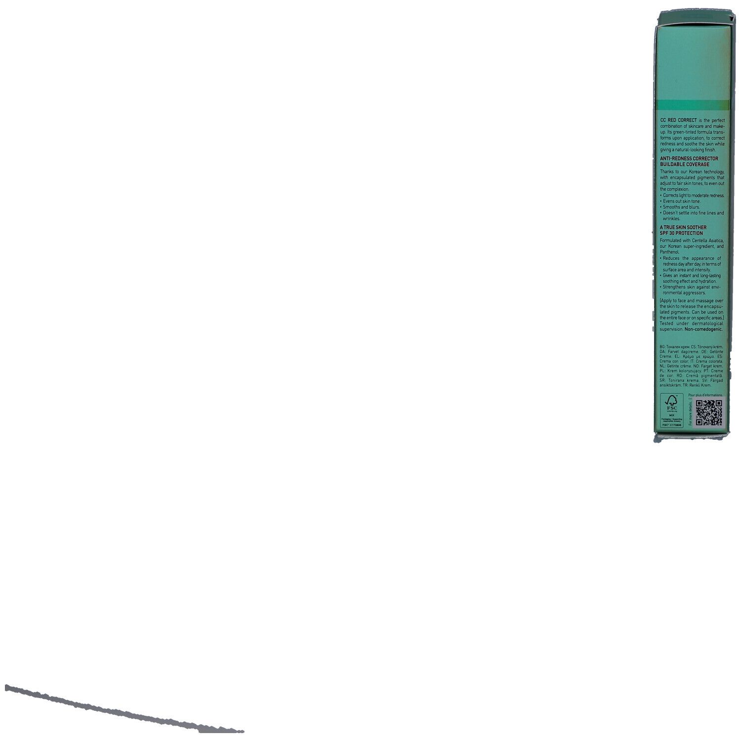 Rückseite der Schachtel. Text in mehreren Sprachen. Enthält Informationen zu Inhaltsstoffen und Anwendung.