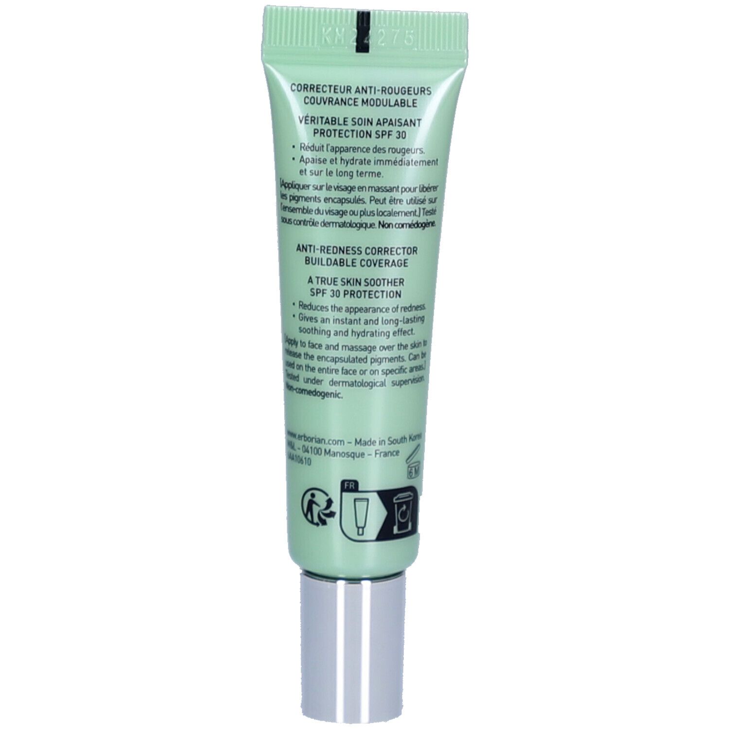 Rückseite der grünen Tube. Text: Anti-Rötungen Korrektur, Schutz SPF 30. Enthält Informationen zur Anwendung.