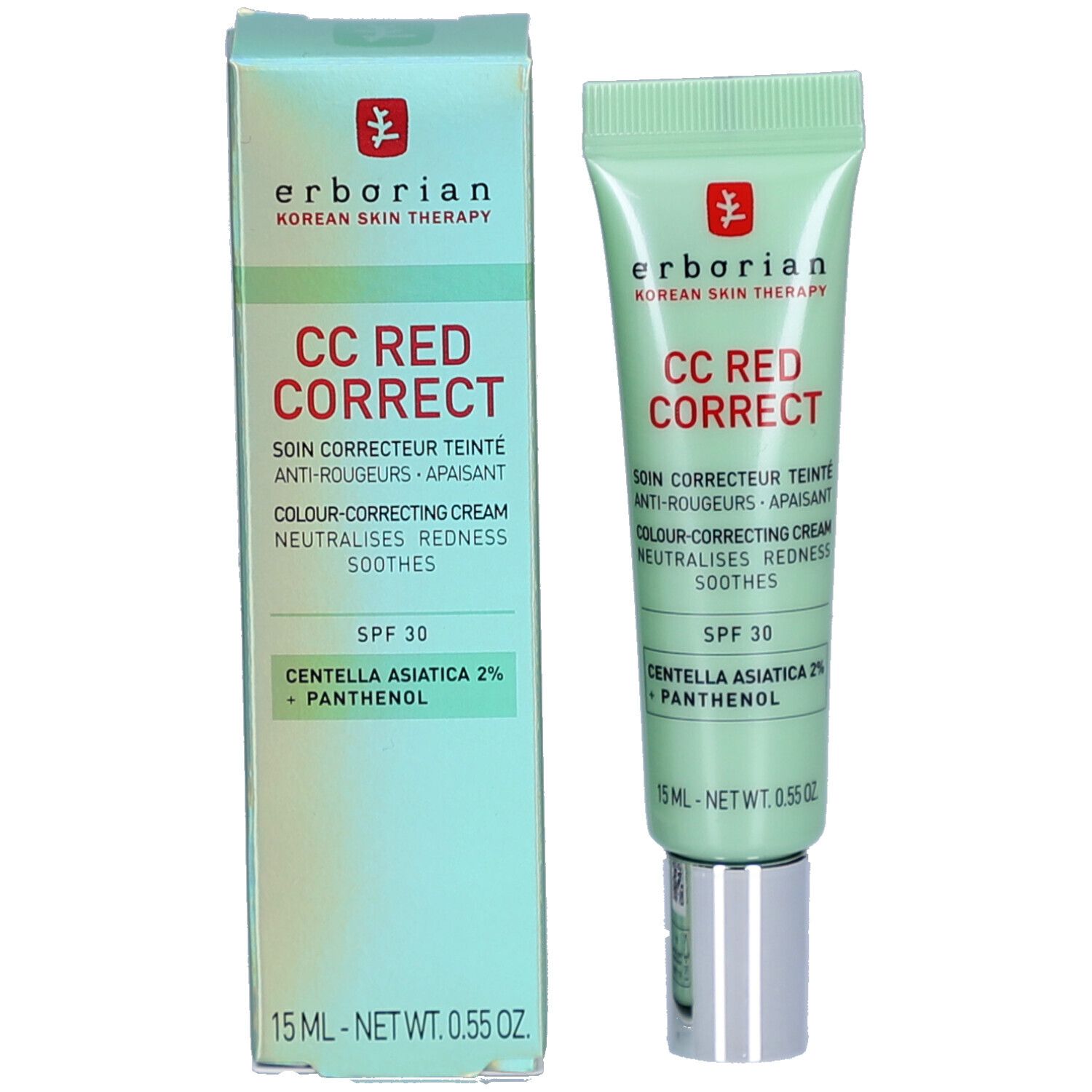 Produktverpackung mit Tube. Box und Tube zeigen CC RED CORRECT Creme. Text: SPF 30, Centella Asiatica 2% + Panthenol.