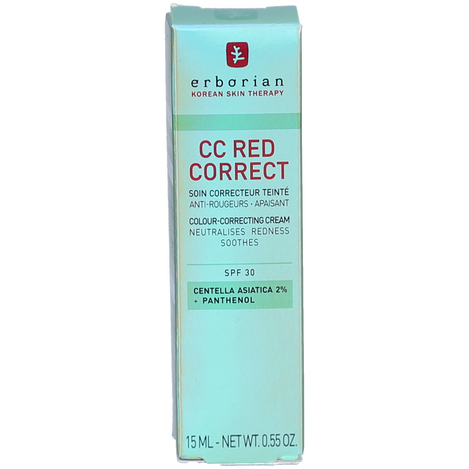 Produktverpackung. Box zeigt CC RED CORRECT Creme. Text: SPF 30, Centella Asiatica 2% + Panthenol.