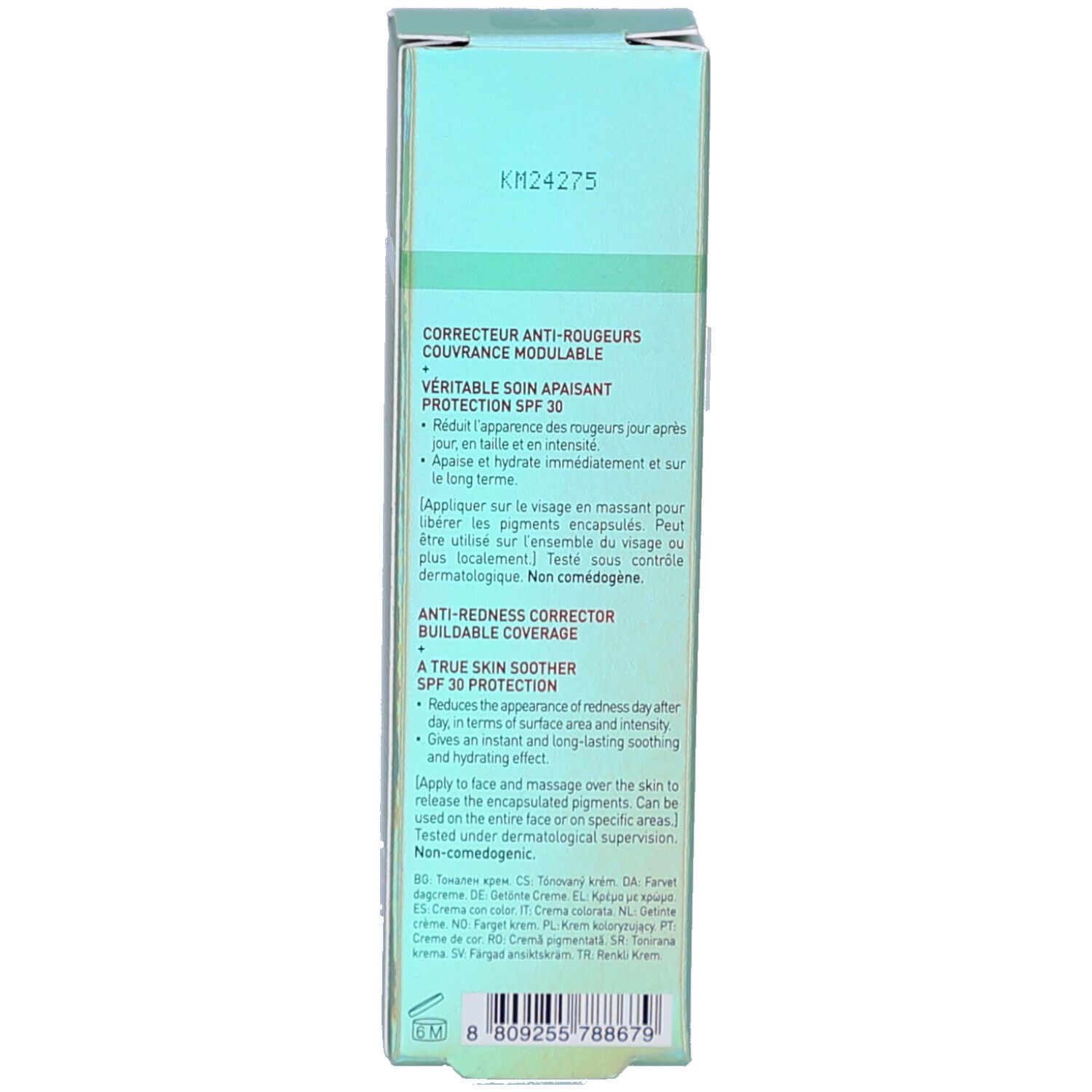 Seite der Produktverpackung. Text: Korrekturmittel gegen Rötungen, Schutz SPF 30. Informationen zur Anwendung.