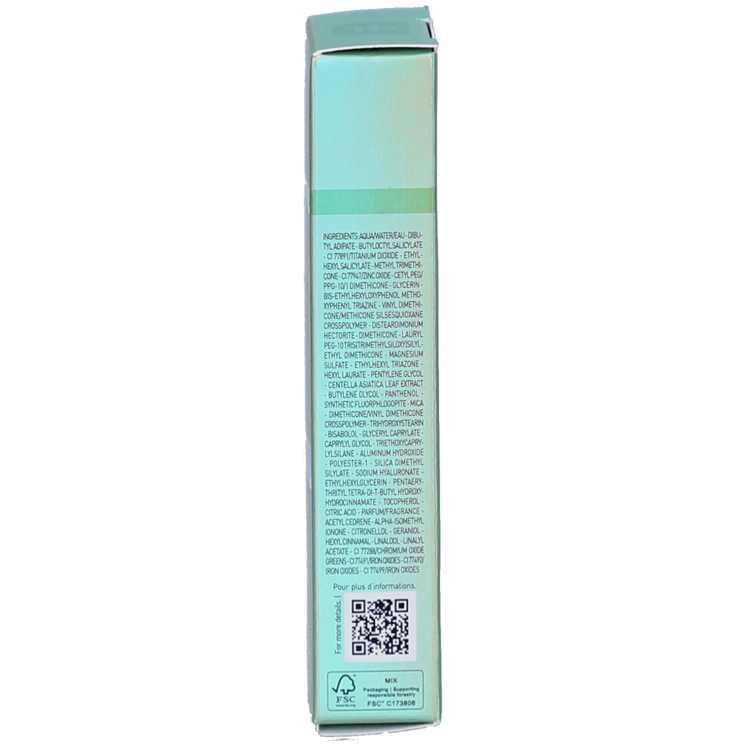 Seite der Produktverpackung. Auflistung der Inhaltsstoffe. QR-Code und Logos.