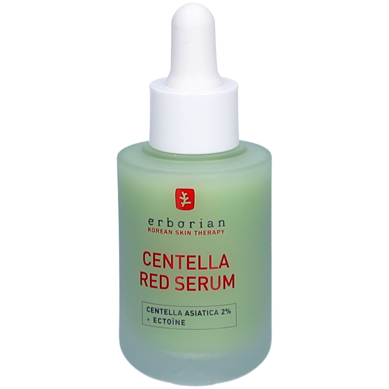 Grüne Glasflasche mit weißem Deckel und Pipette. CENTELLA RED SERUM-Aufschrift. Marke: Erborian.