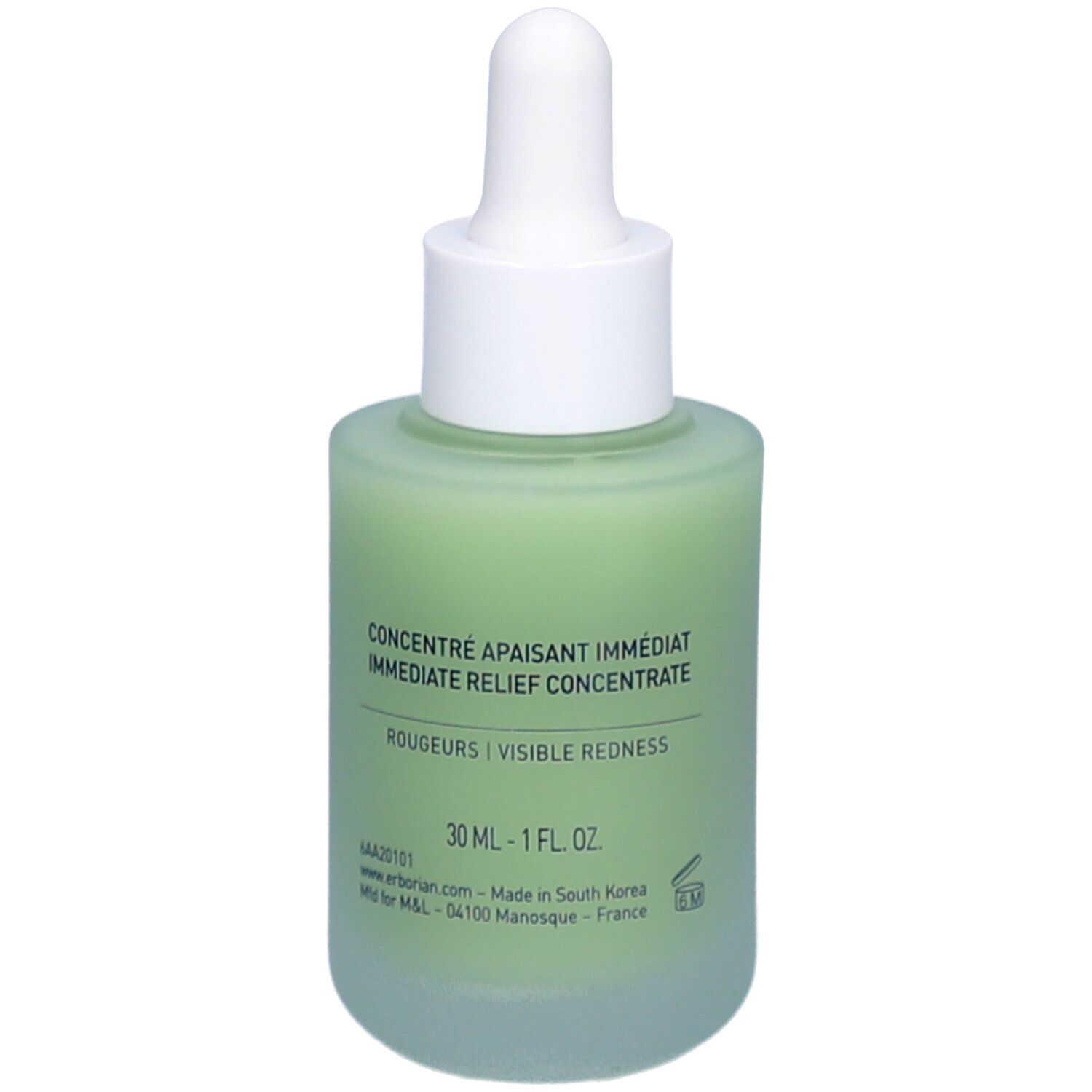 Grüne Glasflasche mit weißem Deckel und Pipette. Aufschrift: CONCENTRÉ APAISANT IMMÉDIAT. 30 ml.