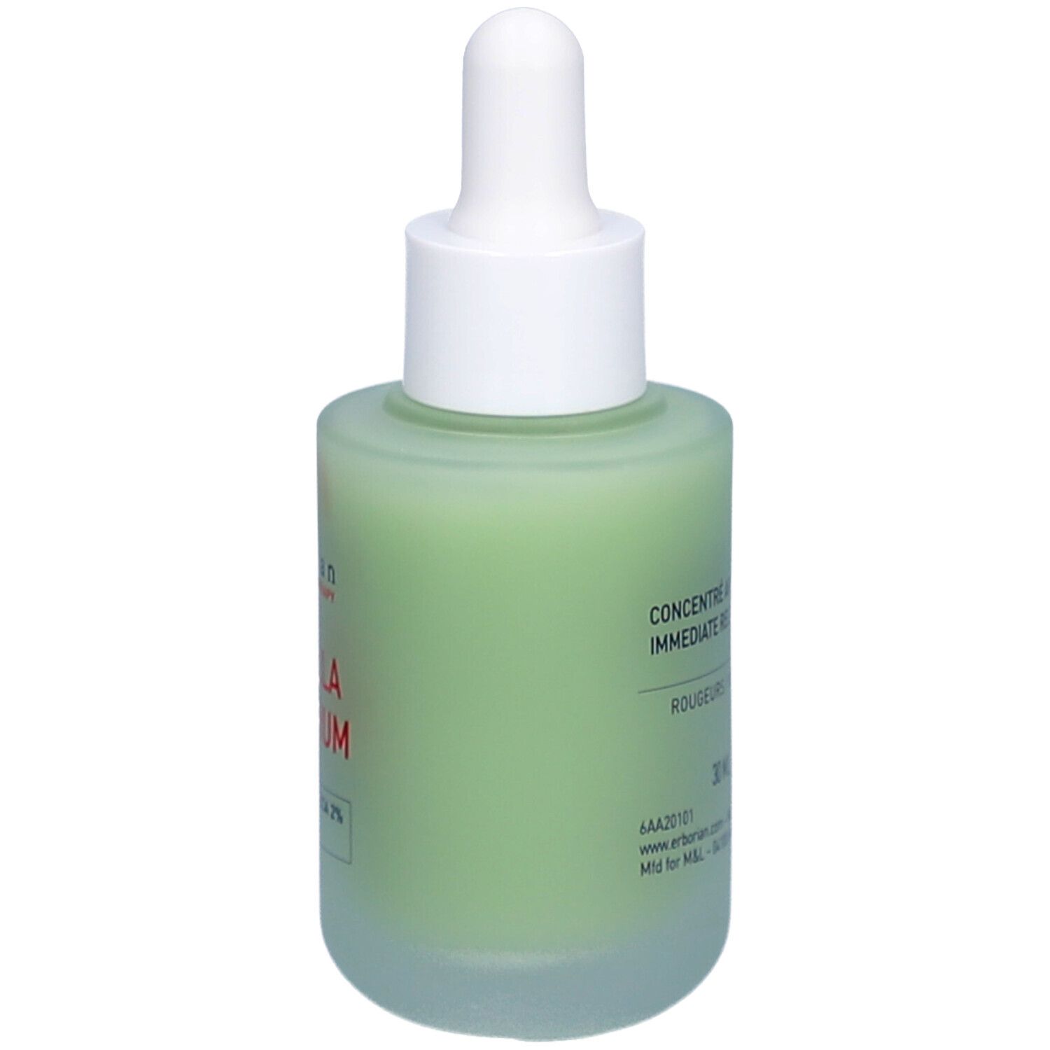 Grüne Glasflasche mit weißem Deckel und Pipette. CENTELLA RED SERUM-Aufschrift. Marke: Erborian.