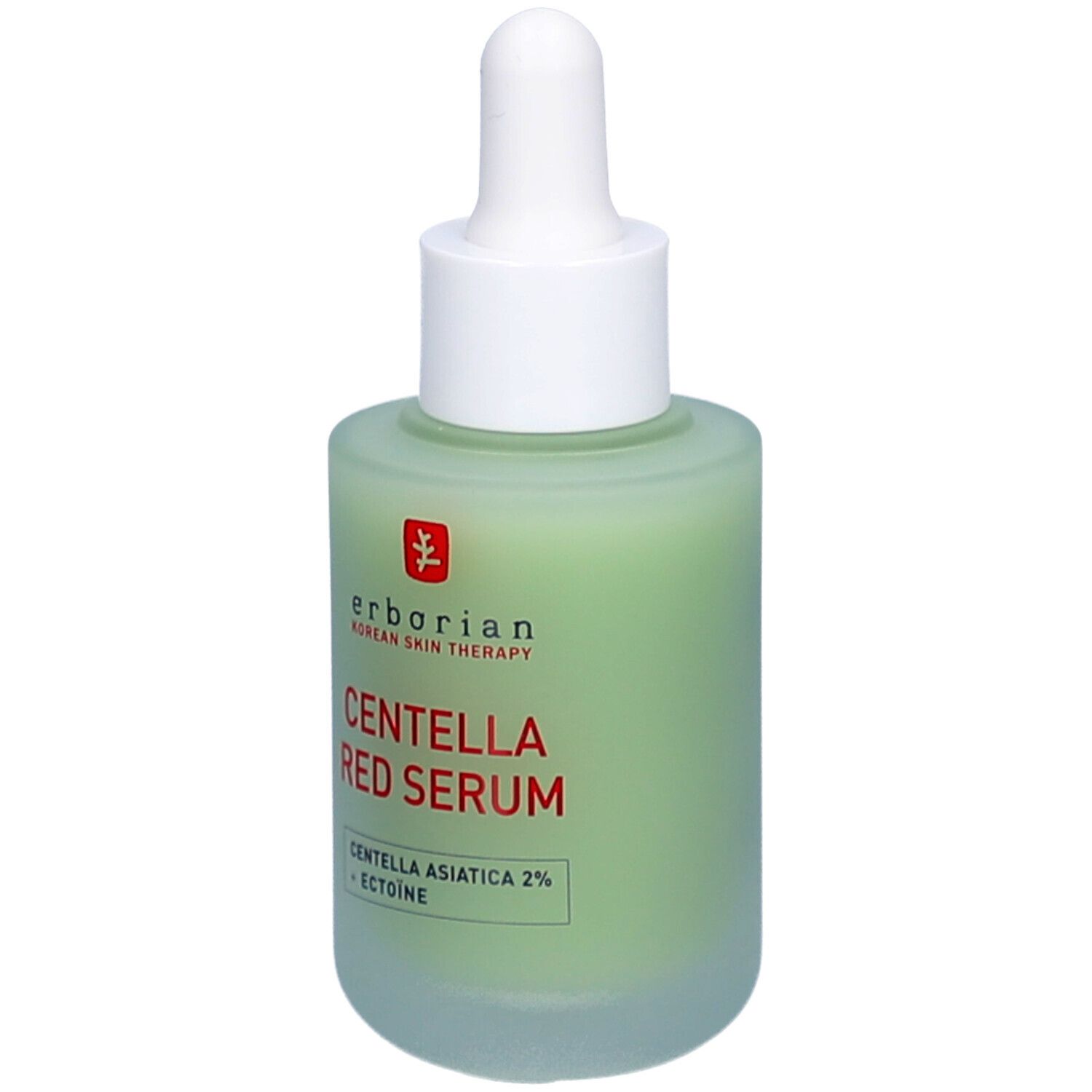 Grüne Glasflasche mit weißem Deckel und Pipette. CENTELLA RED SERUM-Aufschrift. Marke: Erborian.