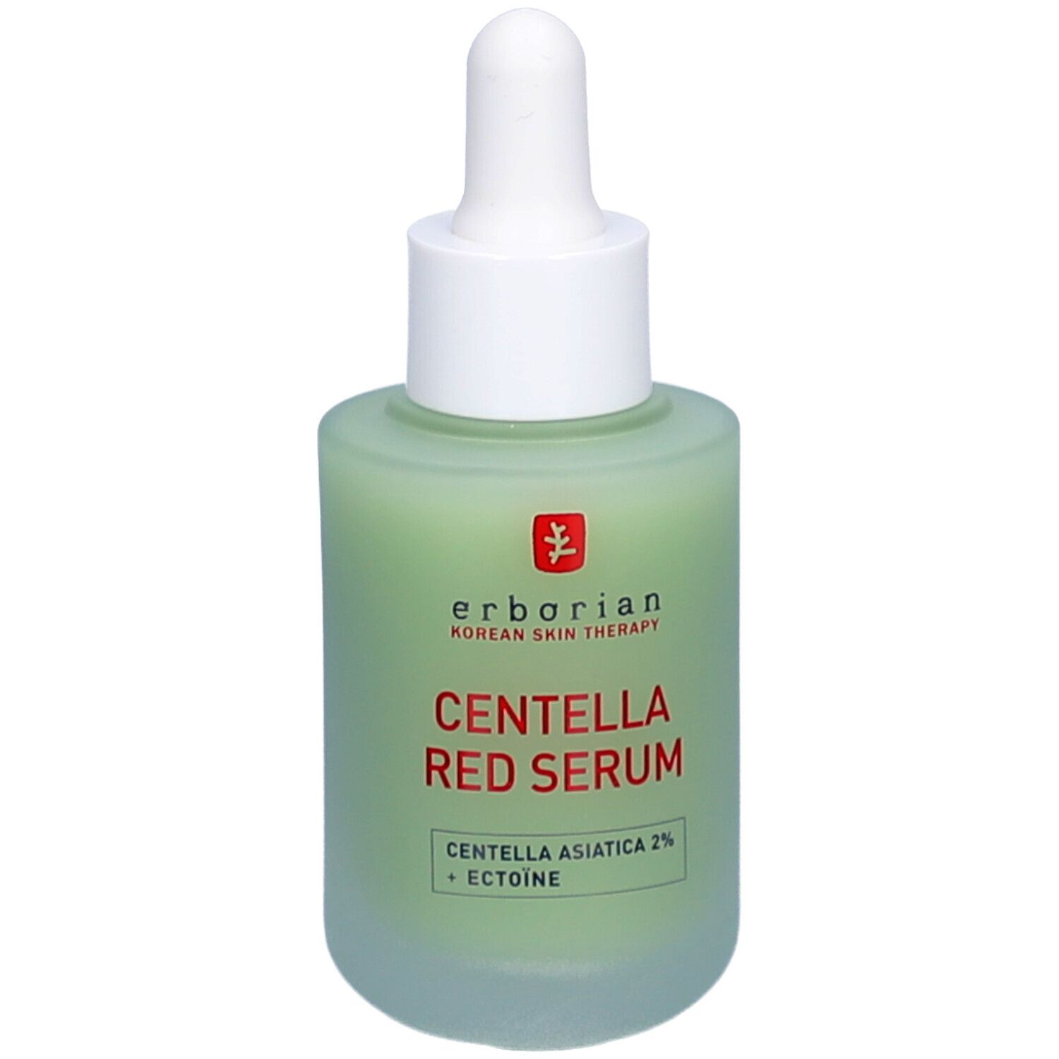 Grüne Glasflasche mit weißem Deckel und Pipette. CENTELLA RED SERUM-Aufschrift. Marke: Erborian.