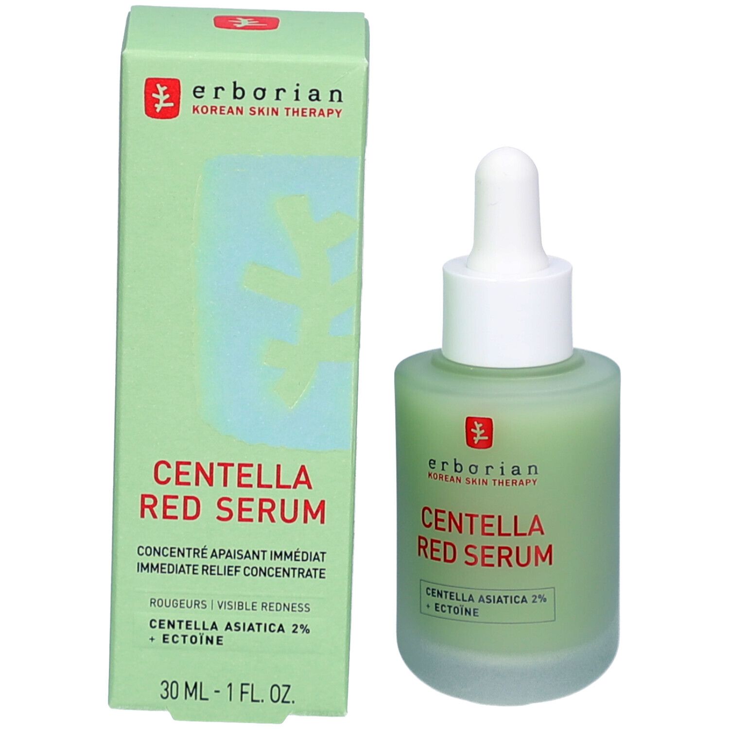 Grüne Schachtel und Flasche. CENTELLA RED SERUM-Aufschrift. Marke: Erborian. 30 ml.