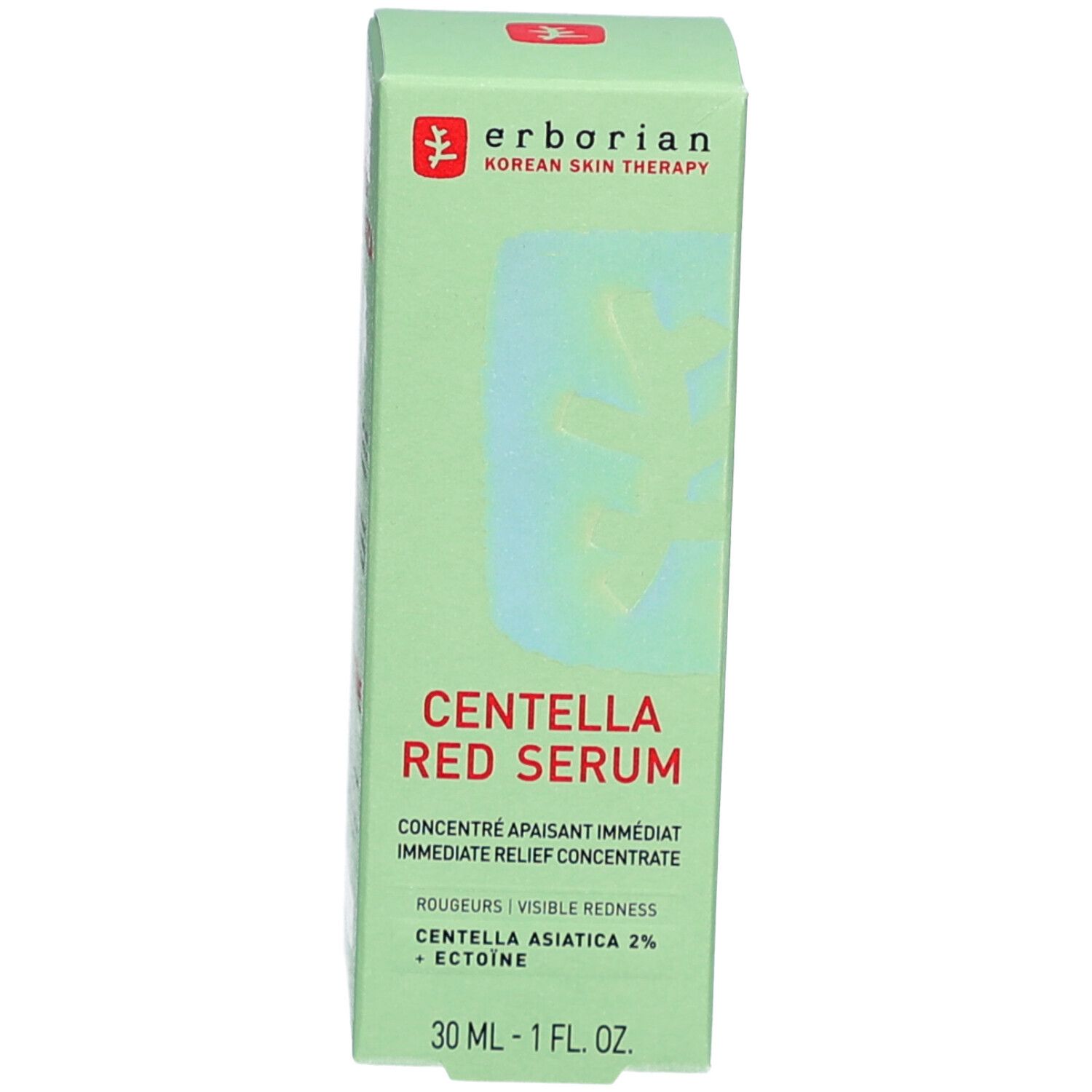 Grüne Schachtel mit CENTELLA RED SERUM-Aufschrift. Marke: Erborian. 30 ml.