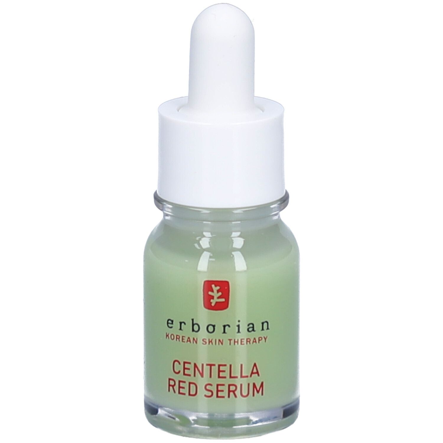 Grüne Flüssigkeit in einer kleinen Glasflasche mit weißem Deckel und Pipette. Aufschrift: CENTELLA RED SERUM.