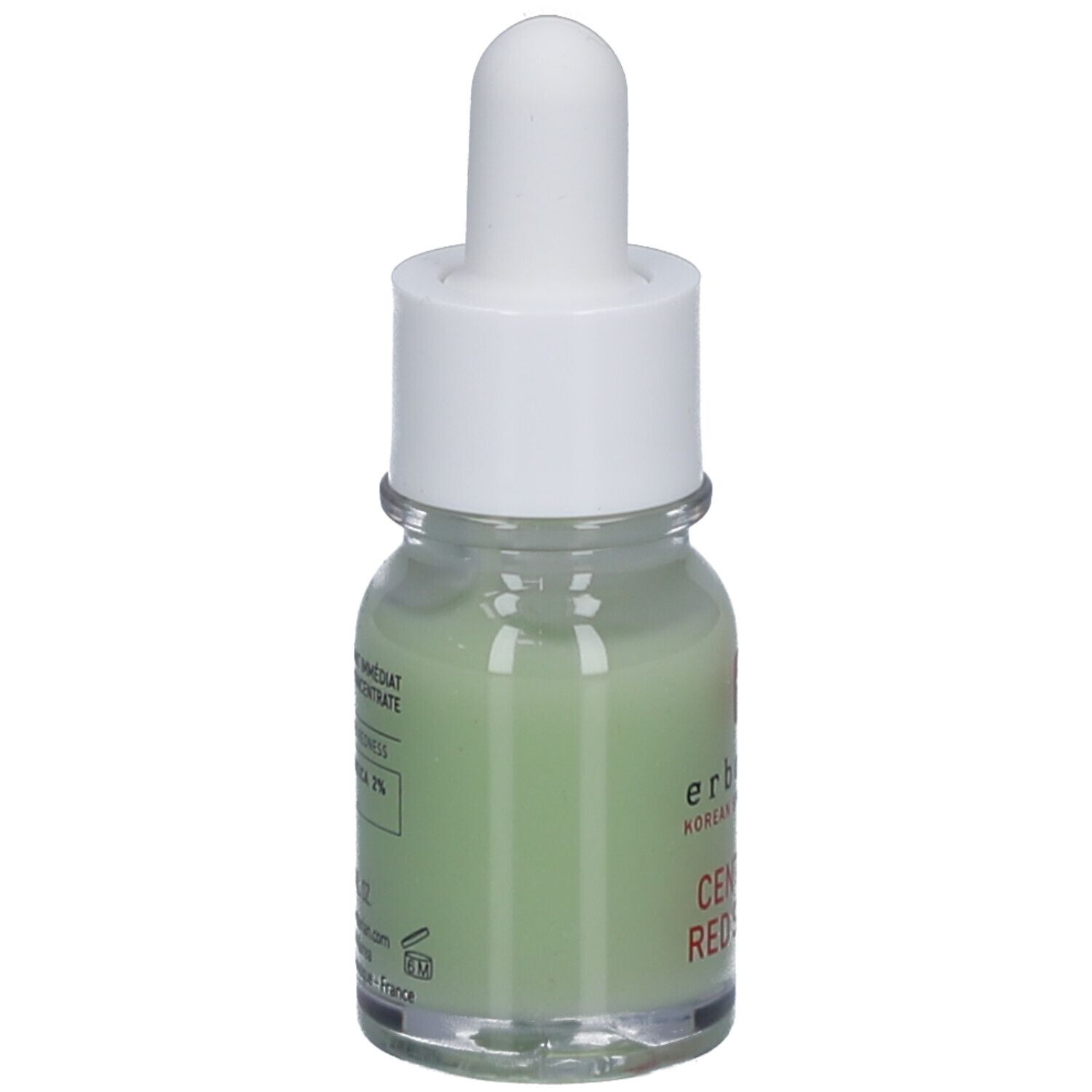 Kleine Glasflasche mit grüner Flüssigkeit, weißem Deckel und Pipette. Aufschrift: CENTELLA RED SERUM. Rückseite mit Text.