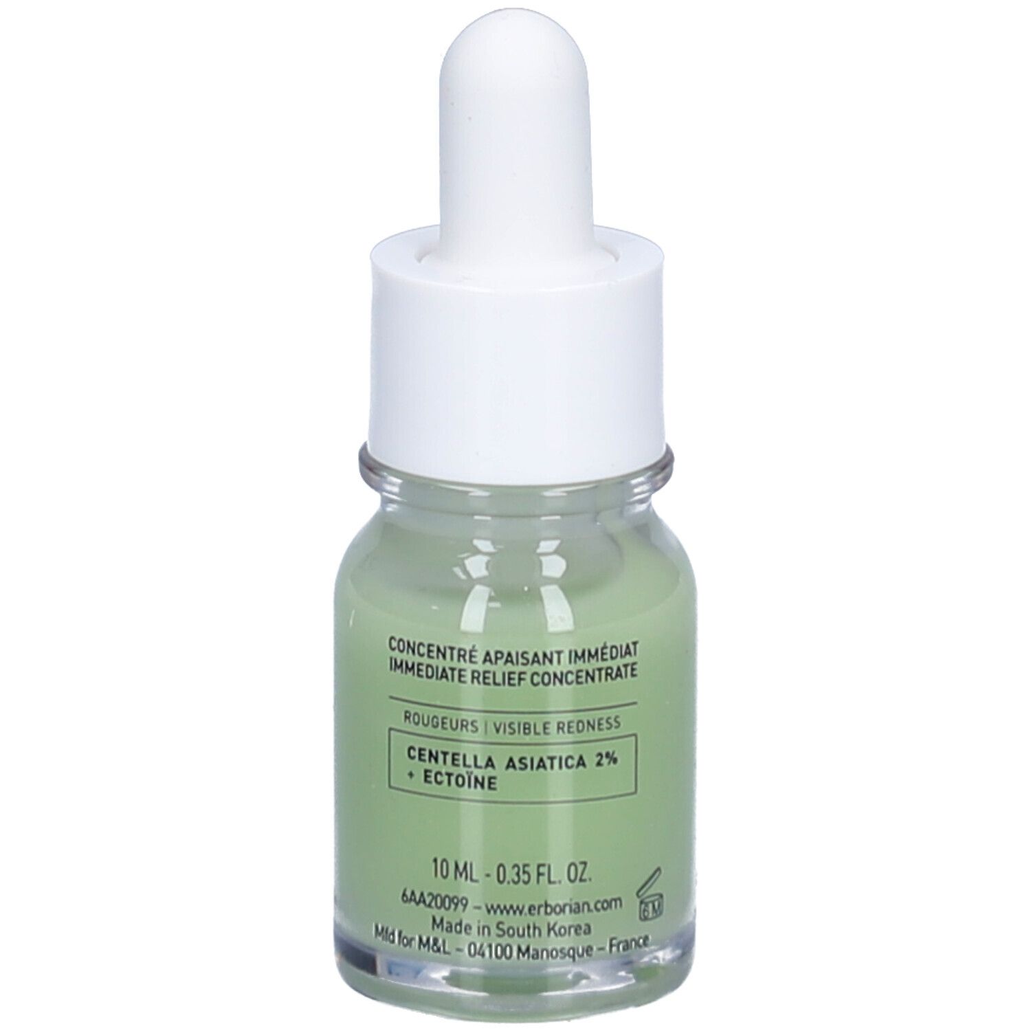 Kleine Glasflasche mit grüner Flüssigkeit, weißem Deckel und Pipette. Aufschrift: CENTELLA ASIATICA 2% + ECTOINE. 10 ml.