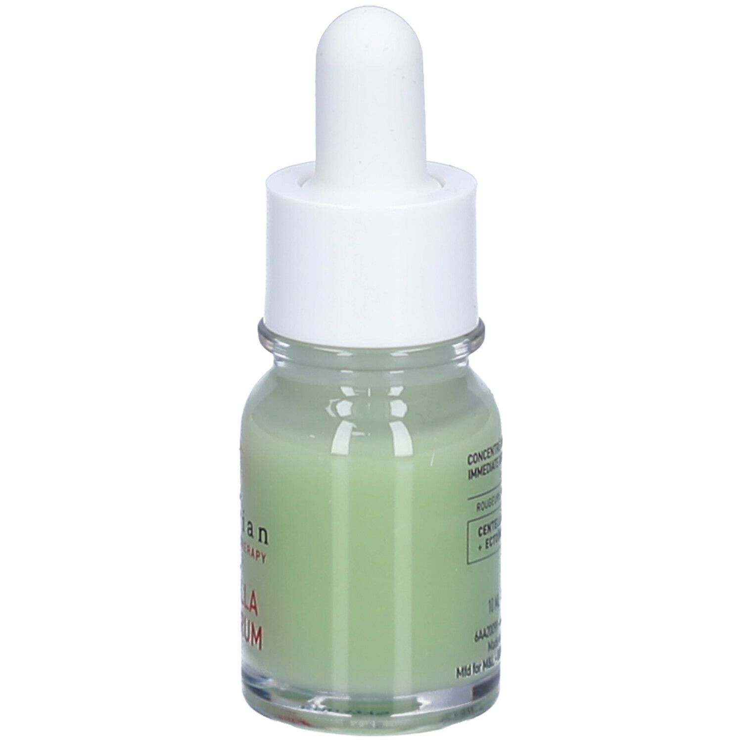Kleine Glasflasche mit grüner Flüssigkeit, weißem Deckel und Pipette. Aufschrift: CENTELLA RED SERUM. Rückseite mit Text.