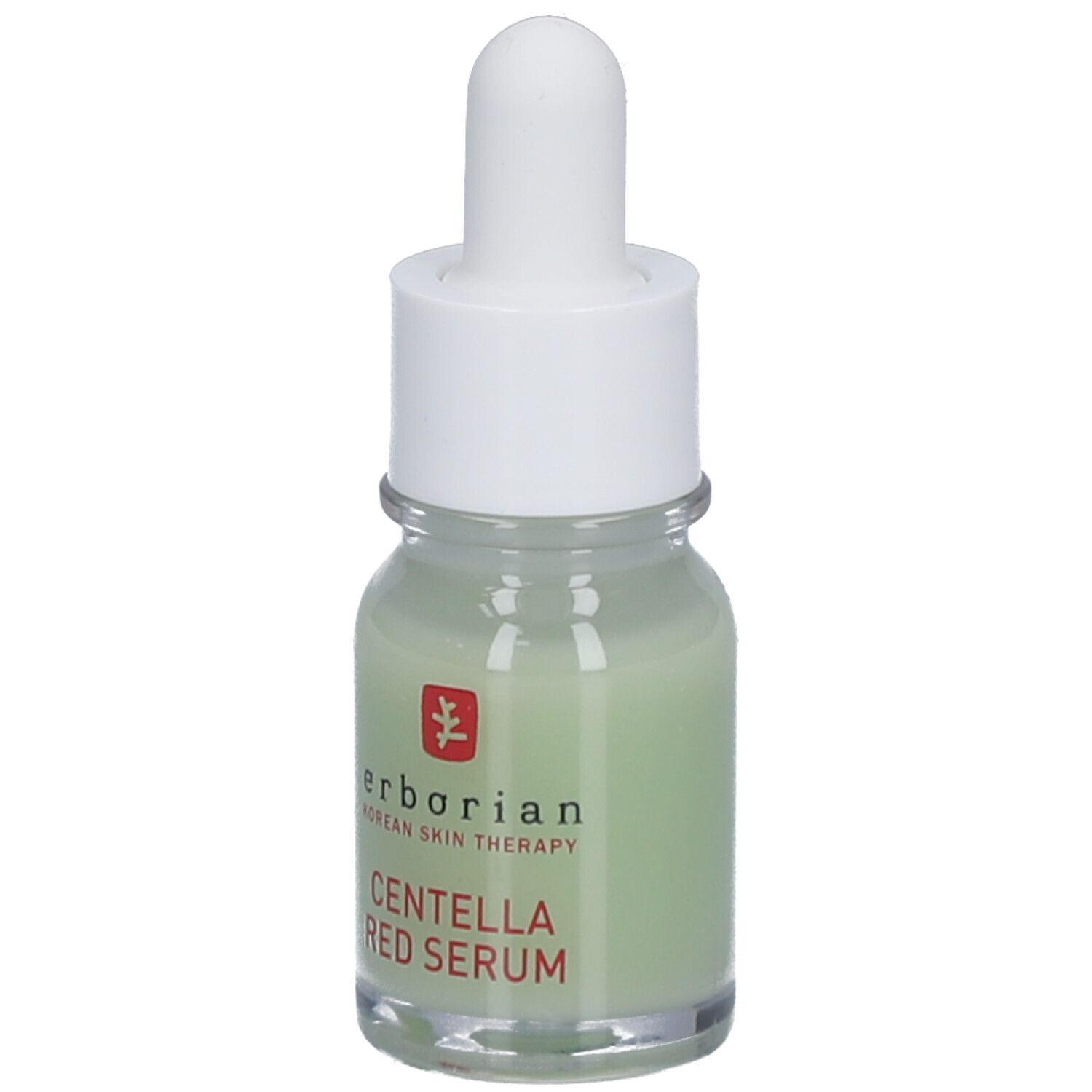 Kleine Glasflasche mit grüner Flüssigkeit, weißem Deckel und Pipette. Aufschrift: CENTELLA RED SERUM.