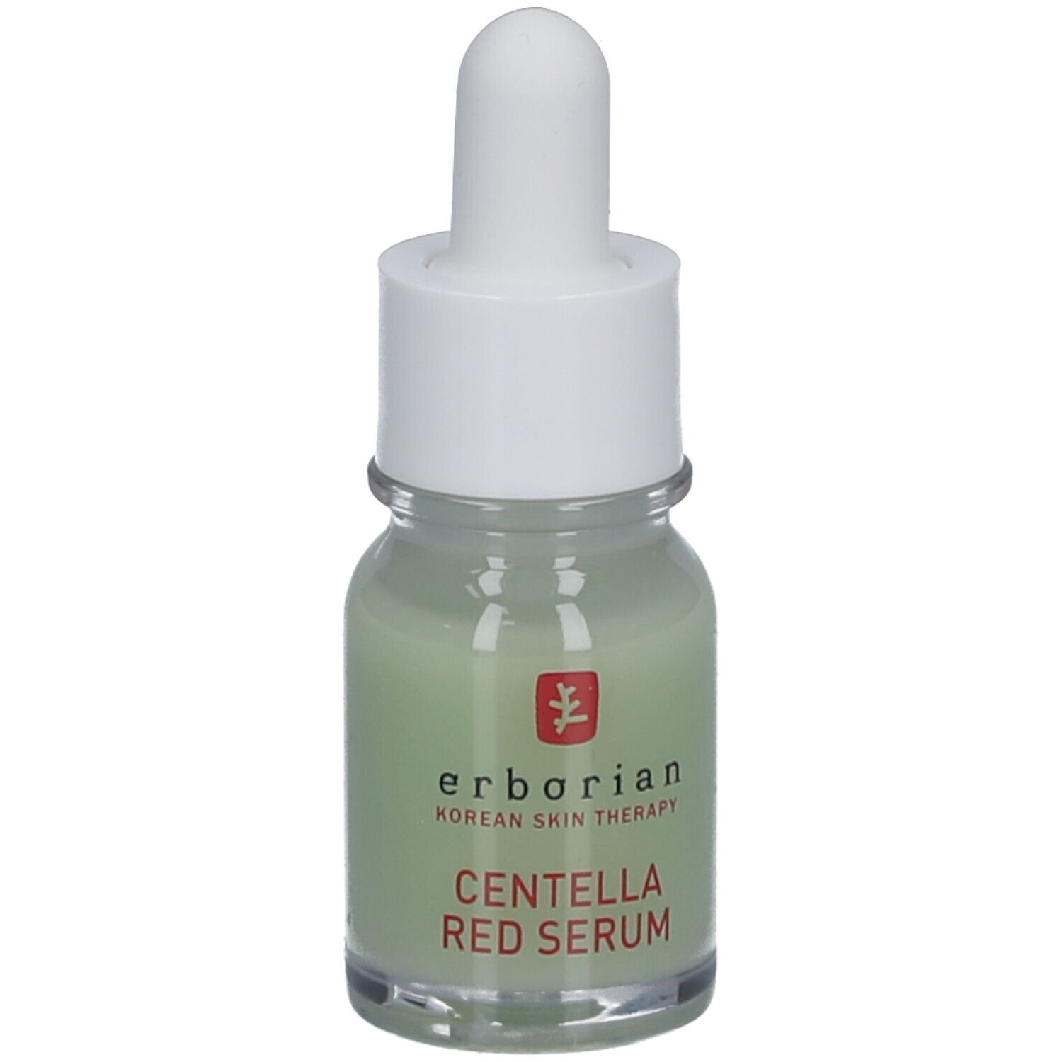 Kleine Glasflasche mit grüner Flüssigkeit, weißem Deckel und Pipette. Aufschrift: CENTELLA RED SERUM.