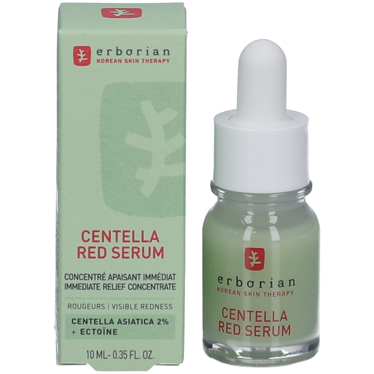 Produktflasche und Verpackung. Flasche mit grüner Flüssigkeit, weißem Deckel und Pipette. Verpackung mit Text: CENTELLA RED SERUM.