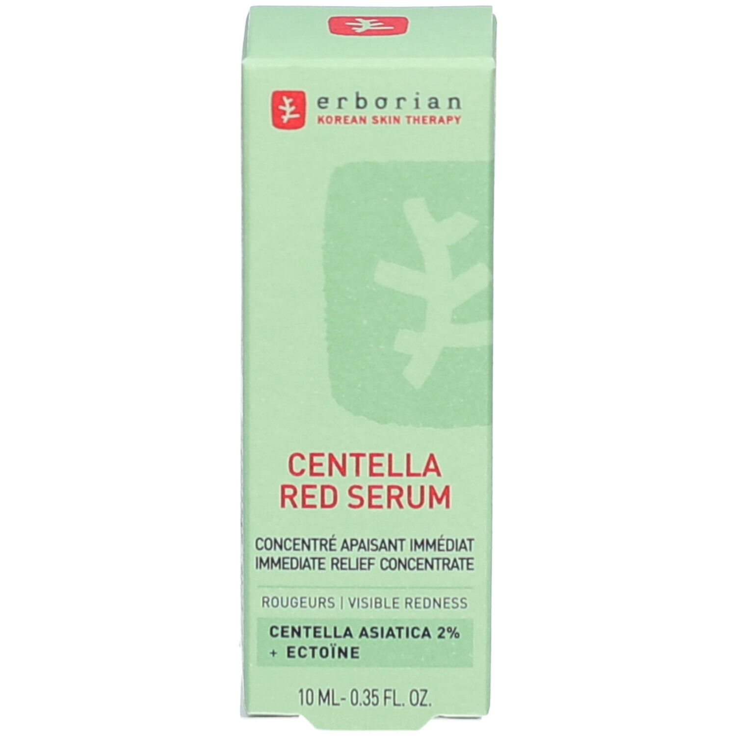 Grüne Verpackung mit Text: CENTELLA RED SERUM. Enthält Informationen über das Produkt und die Inhaltsstoffe.