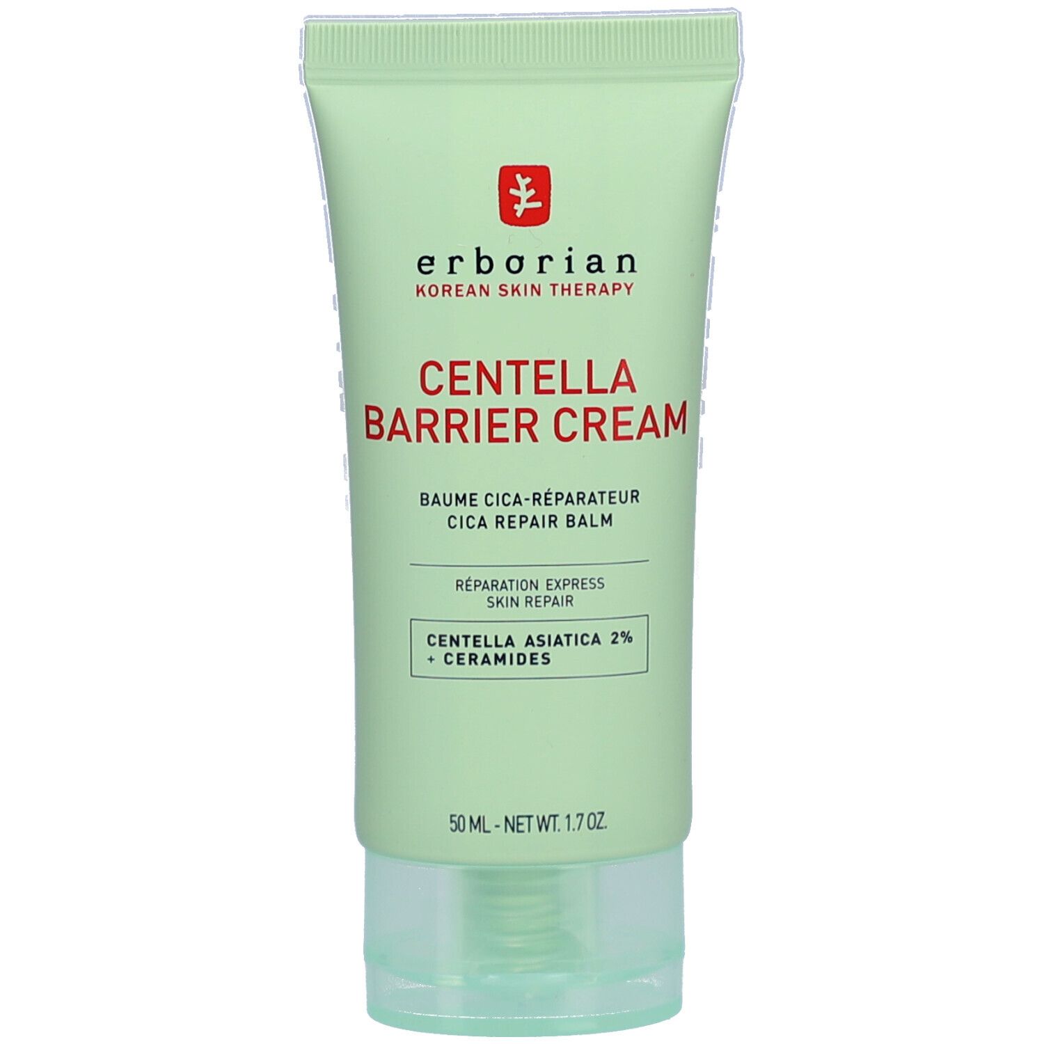 Grüne Tube mit weißer Schrift. Produktname: CENTELLA BARRIER CREAM. Marke: erborian. Enthält Centella Asiatica und Ceramide.