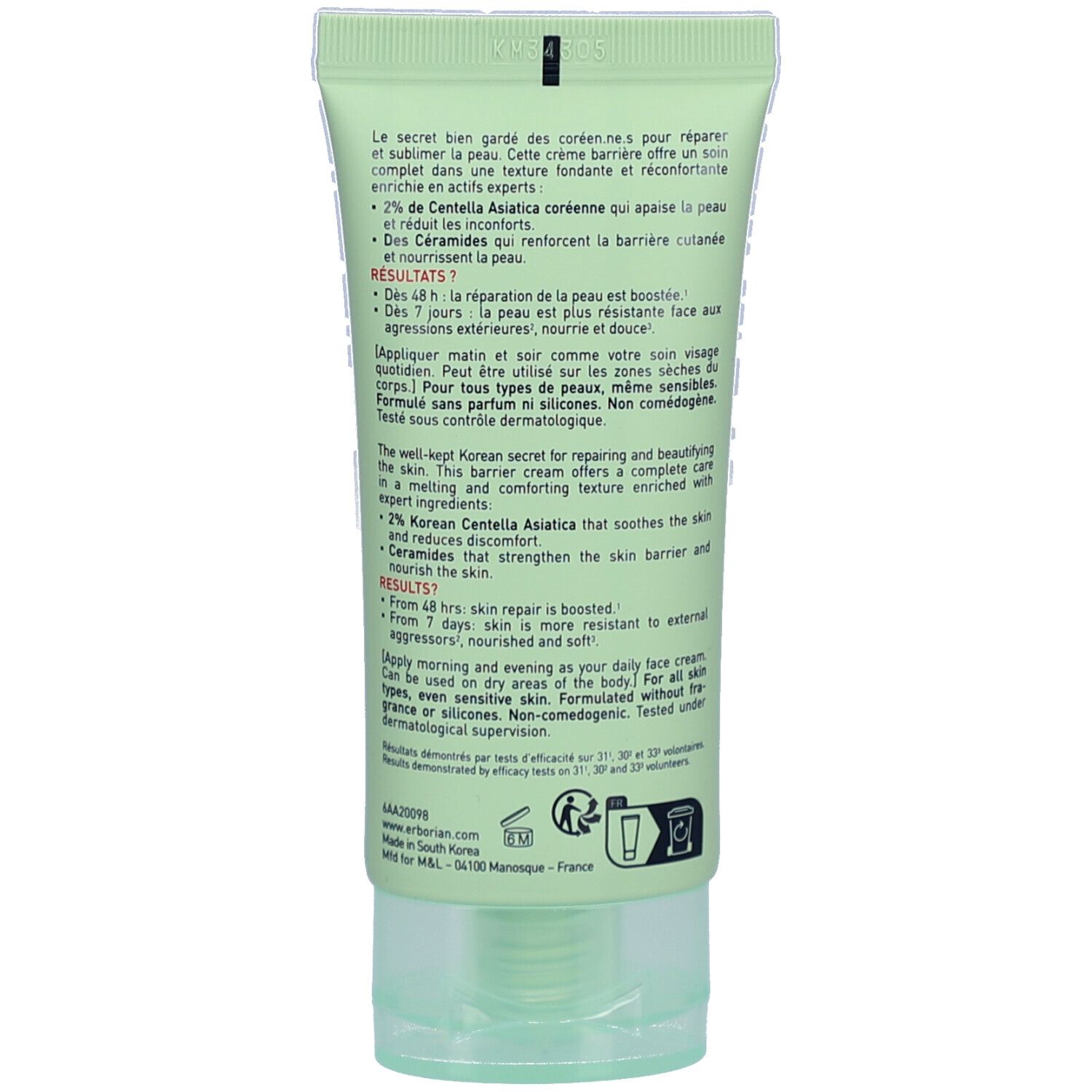 Rückseite der grünen Tube. Text in mehreren Sprachen. Enthält Informationen zu Inhaltsstoffen und Anwendung. Marke: erborian.